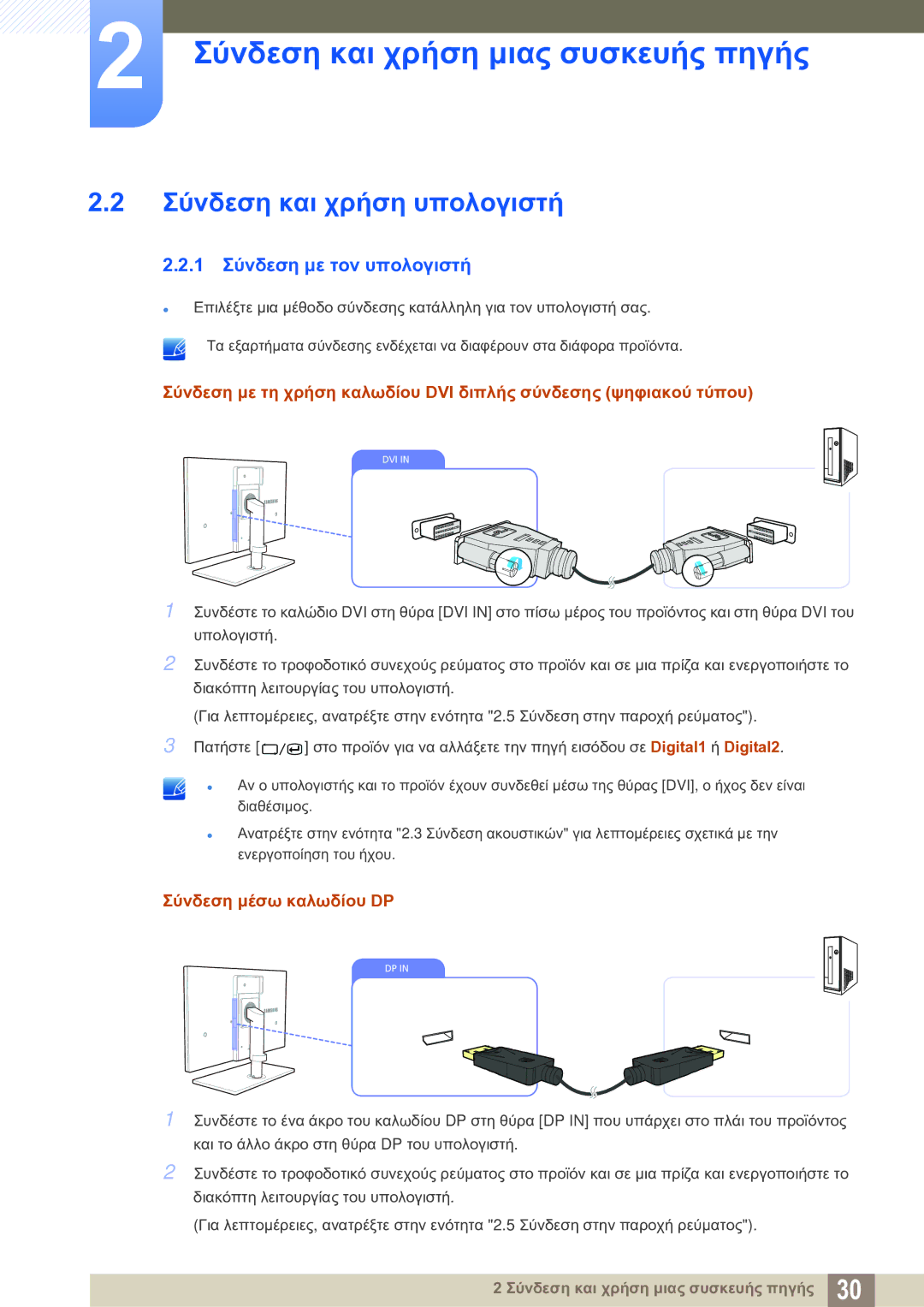 Samsung LS27A850DS/EN manual Σύνδεση και χρήση υπολογιστή, 1 Σύνδεση με τον υπολογιστή, Σύνδεση μέσω καλωδίου DP 