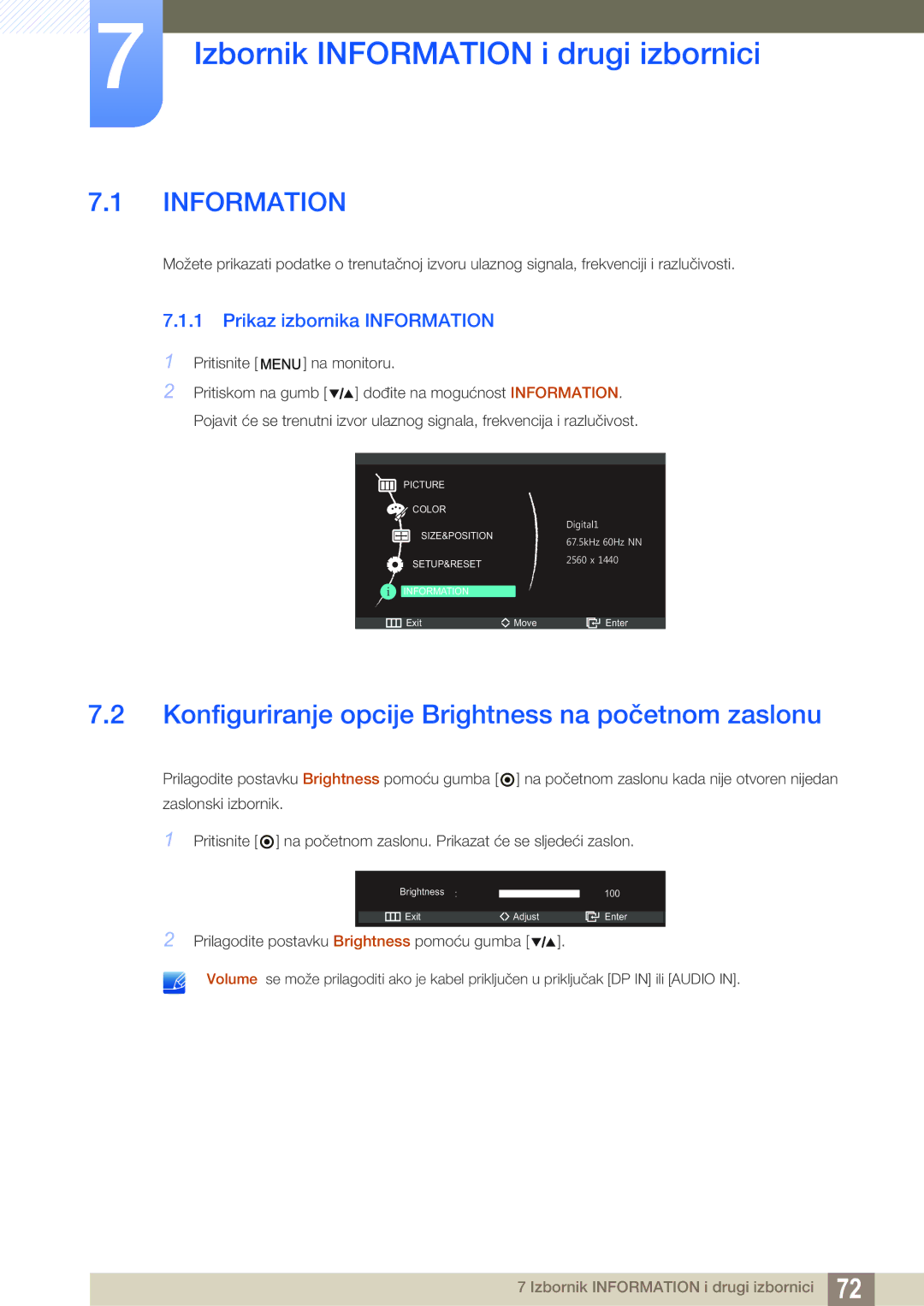 Samsung LS27A850DS/EN manual Izbornik Information i drugi izbornici, Konfiguriranje opcije Brightness na početnom zaslonu 