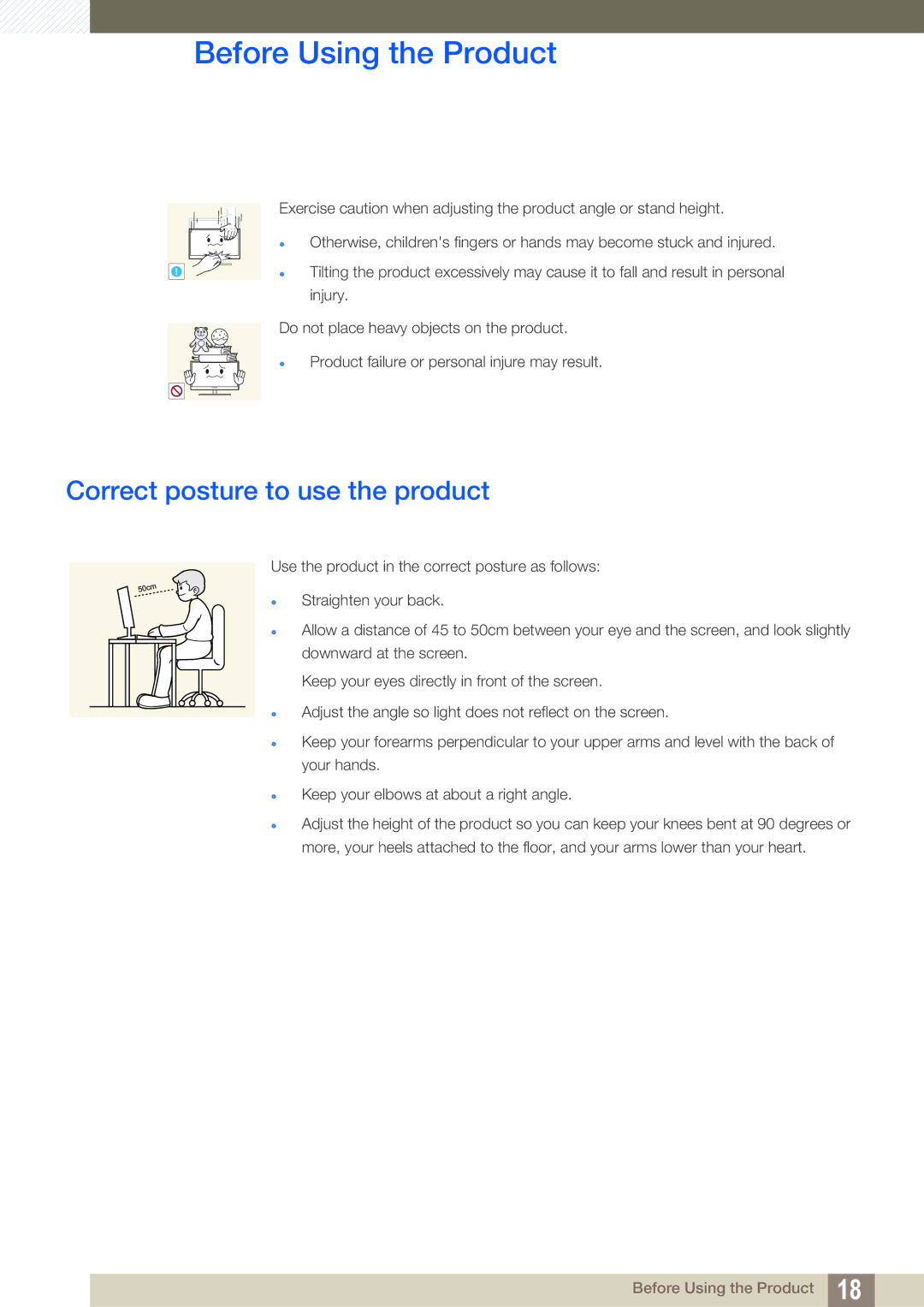 Samsung LS27A850DSR/EN, LS27A850DS/EN, LS27A850DSR/CH manual Correct posture to use the product 