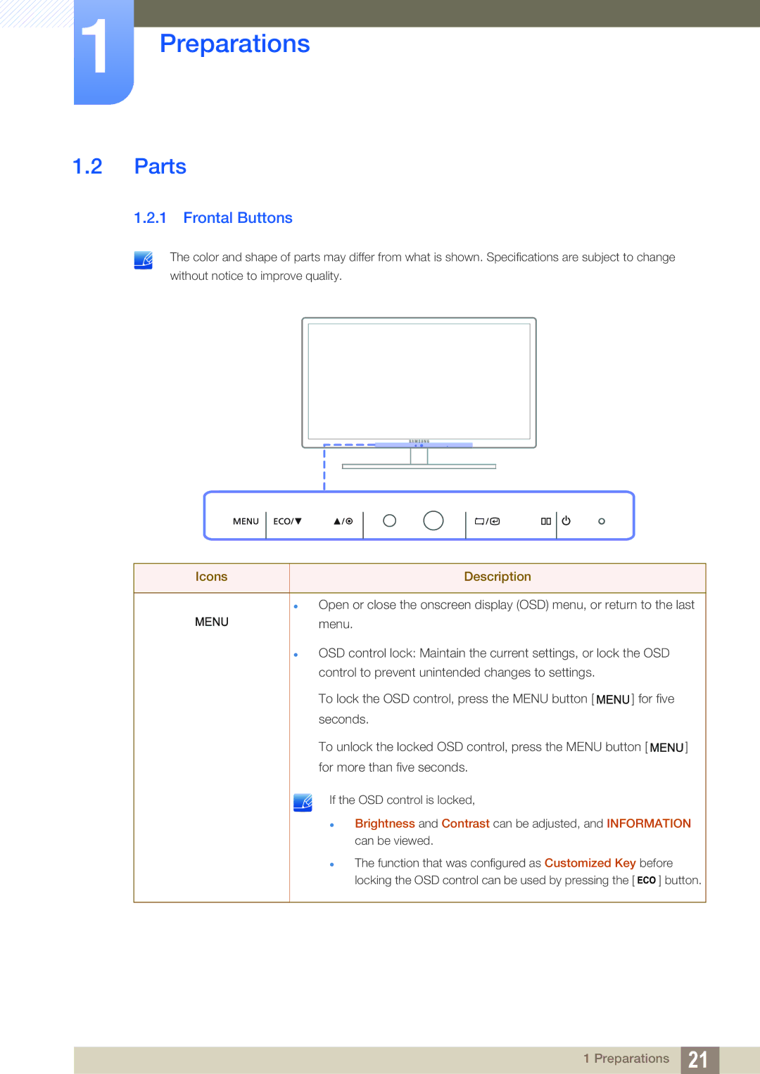 Samsung LS27A850DSR/EN, LS27A850DS/EN, LS27A850DSR/CH manual Parts, Frontal Buttons 