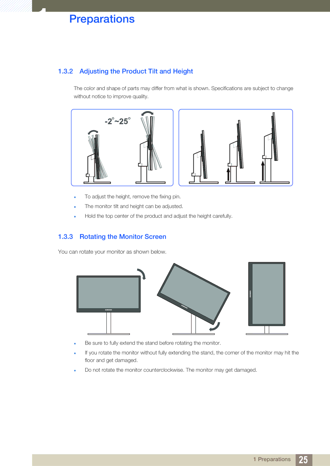 Samsung LS27A850DS/EN, LS27A850DSR/EN, LS27A850DSR/CH Adjusting the Product Tilt and Height, Rotating the Monitor Screen 