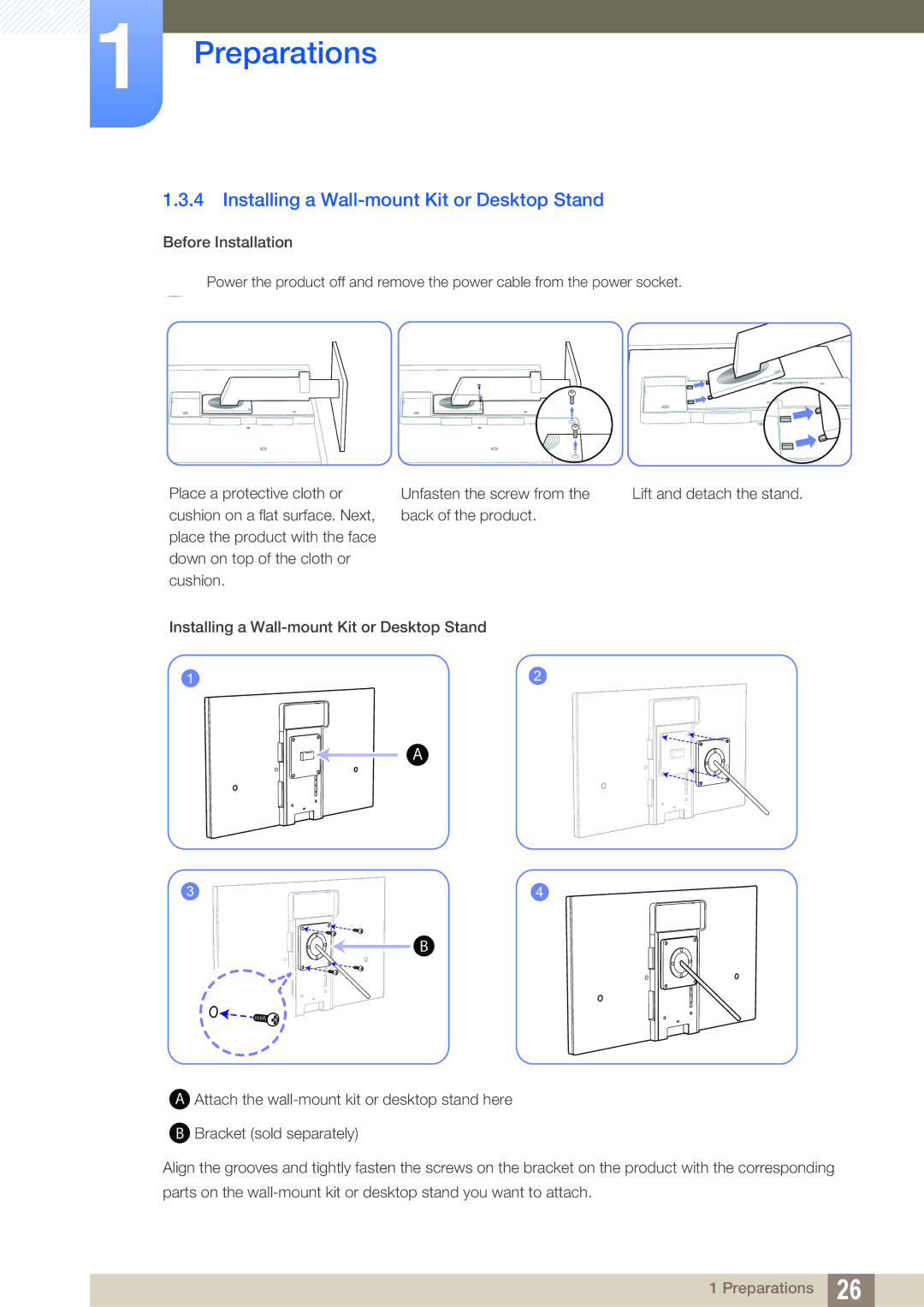 Samsung LS27A850DSR/CH, LS27A850DSR/EN, LS27A850DS/EN manual Installing a Wall-mount Kit or Desktop Stand 