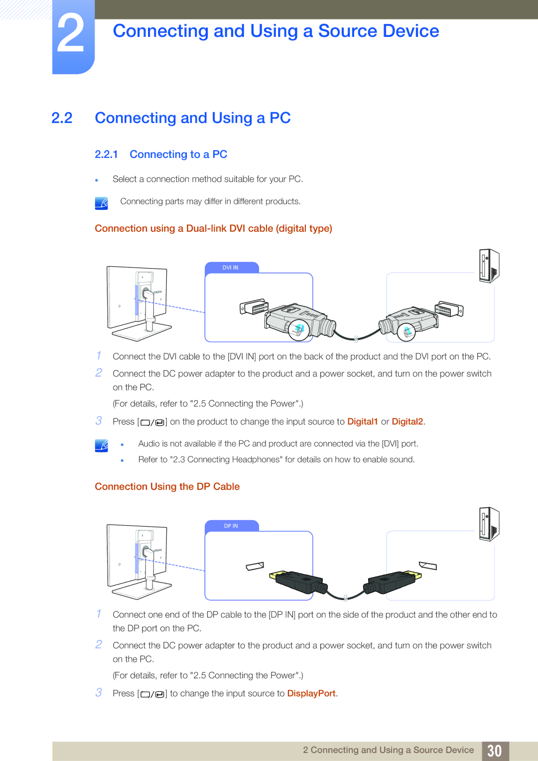 Samsung LS27A850DSR/EN, LS27A850DS/EN, LS27A850DSR/CH manual Connecting and Using a PC, Connecting to a PC 