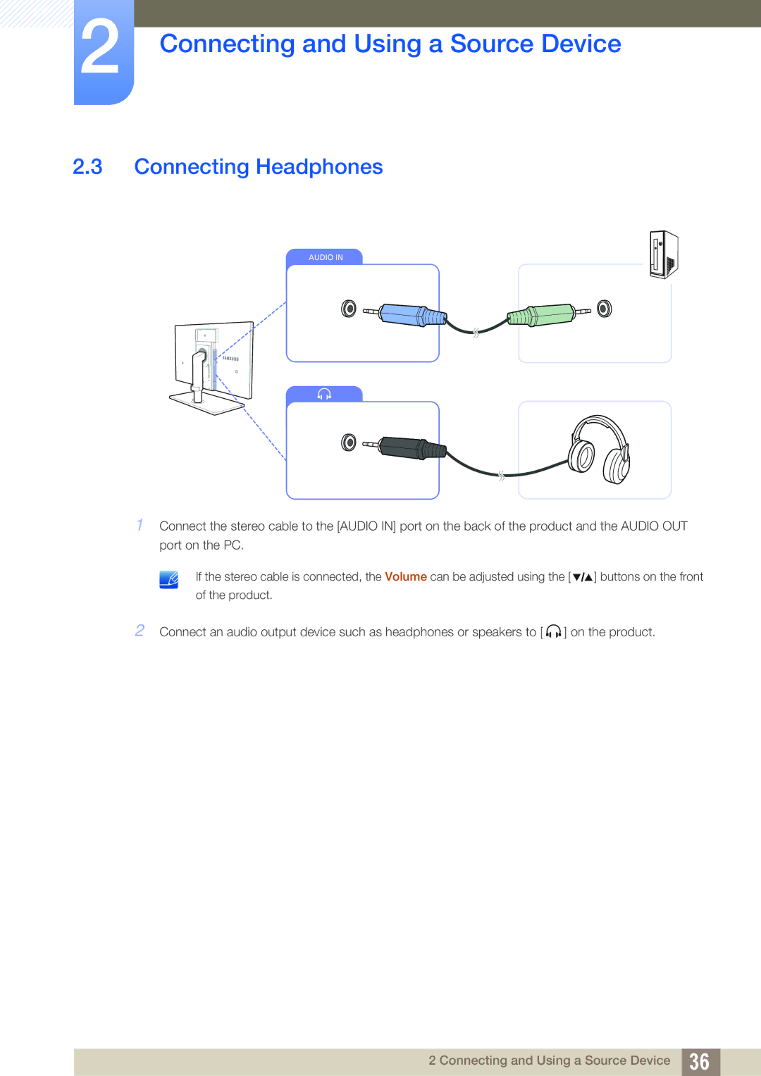 Samsung LS27A850DSR/EN, LS27A850DS/EN, LS27A850DSR/CH manual Connecting Headphones 