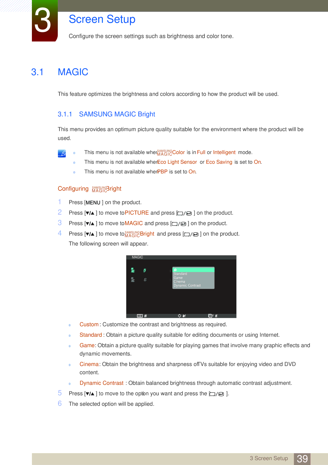 Samsung LS27A850DSR/EN, LS27A850DS/EN, LS27A850DSR/CH manual Screen Setup, Samsung Magic Bright 