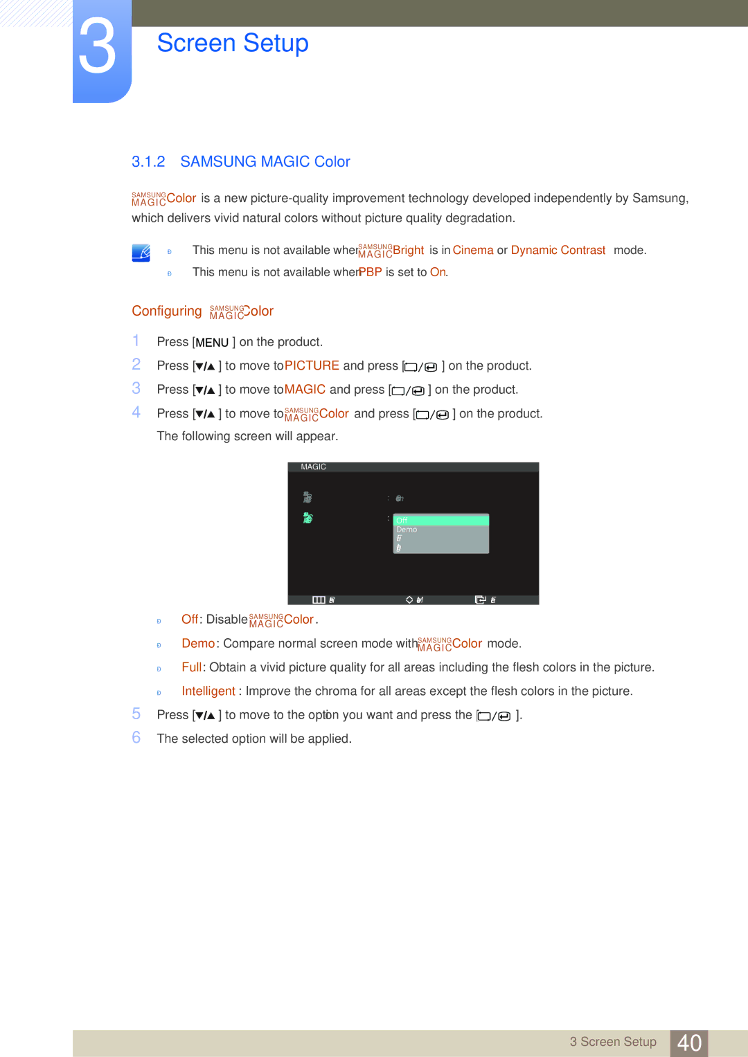 Samsung LS27A850DS/EN, LS27A850DSR/EN, LS27A850DSR/CH manual Samsung Magic Color, Configuring MAGICSAMSUNGColor 