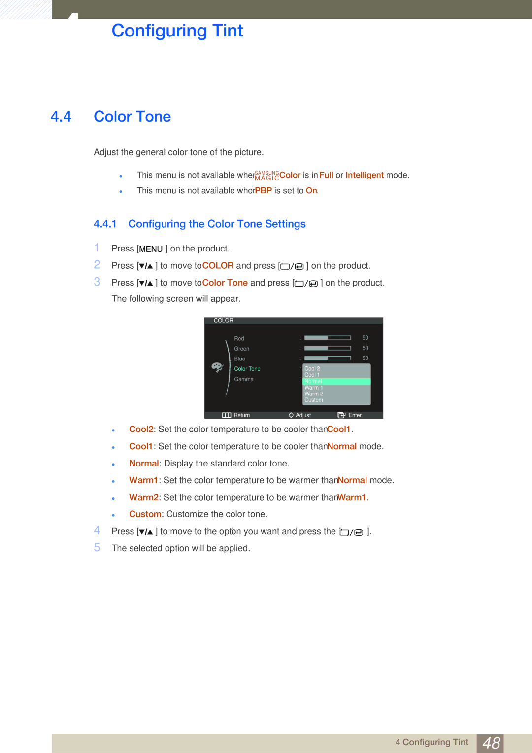 Samsung LS27A850DSR/EN, LS27A850DS/EN, LS27A850DSR/CH manual Configuring the Color Tone Settings 