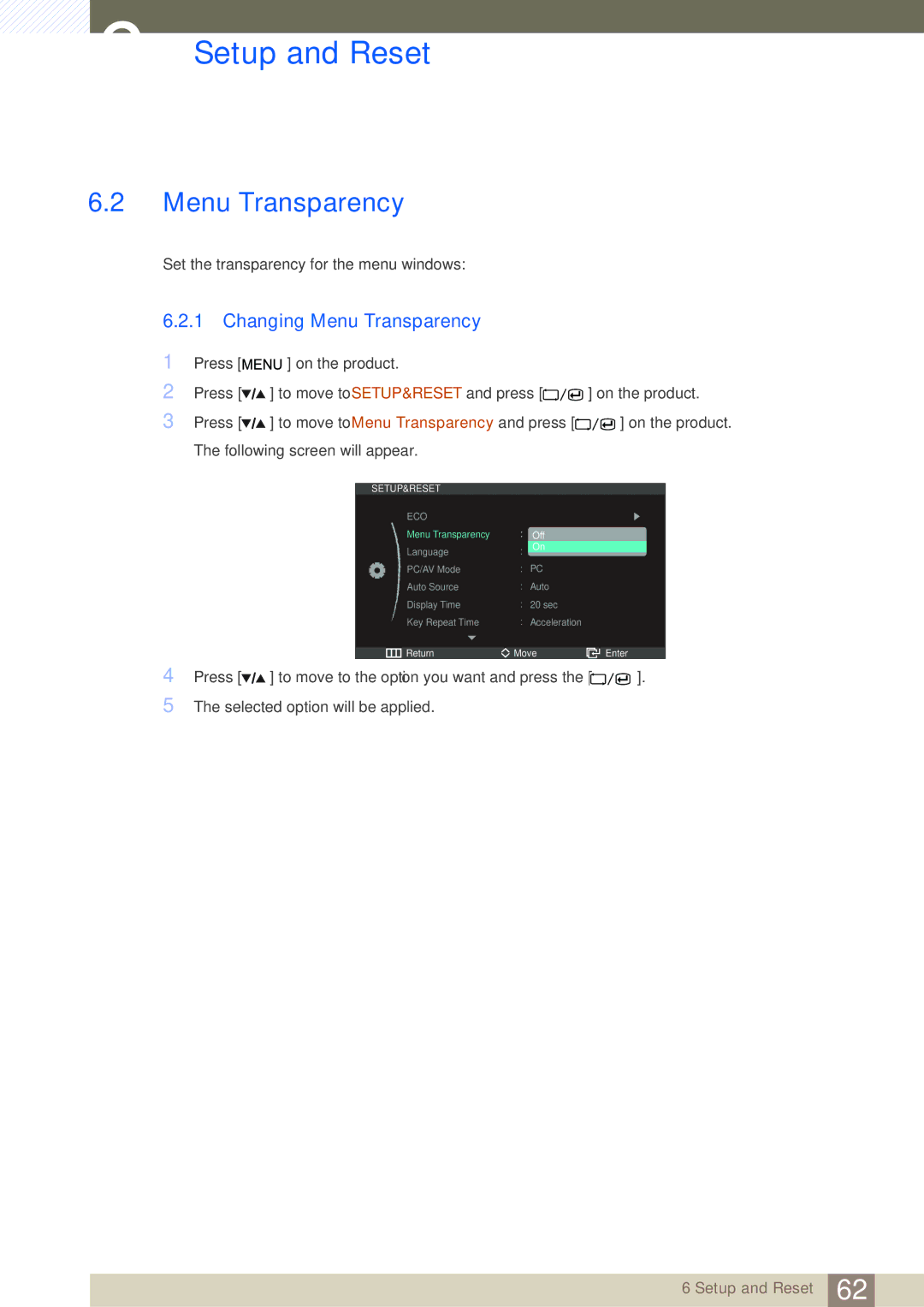 Samsung LS27A850DSR/CH, LS27A850DSR/EN, LS27A850DS/EN manual Changing Menu Transparency 