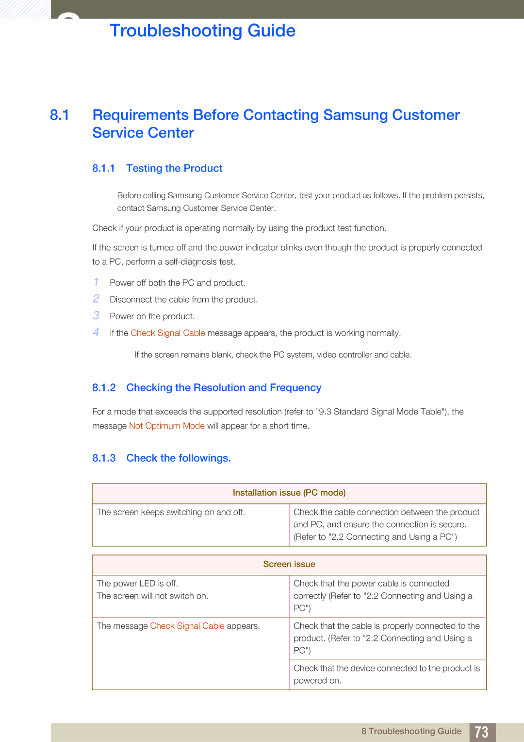 Samsung LS27A850DS/EN, LS27A850DSR/EN Troubleshooting Guide, Testing the Product, Checking the Resolution and Frequency 