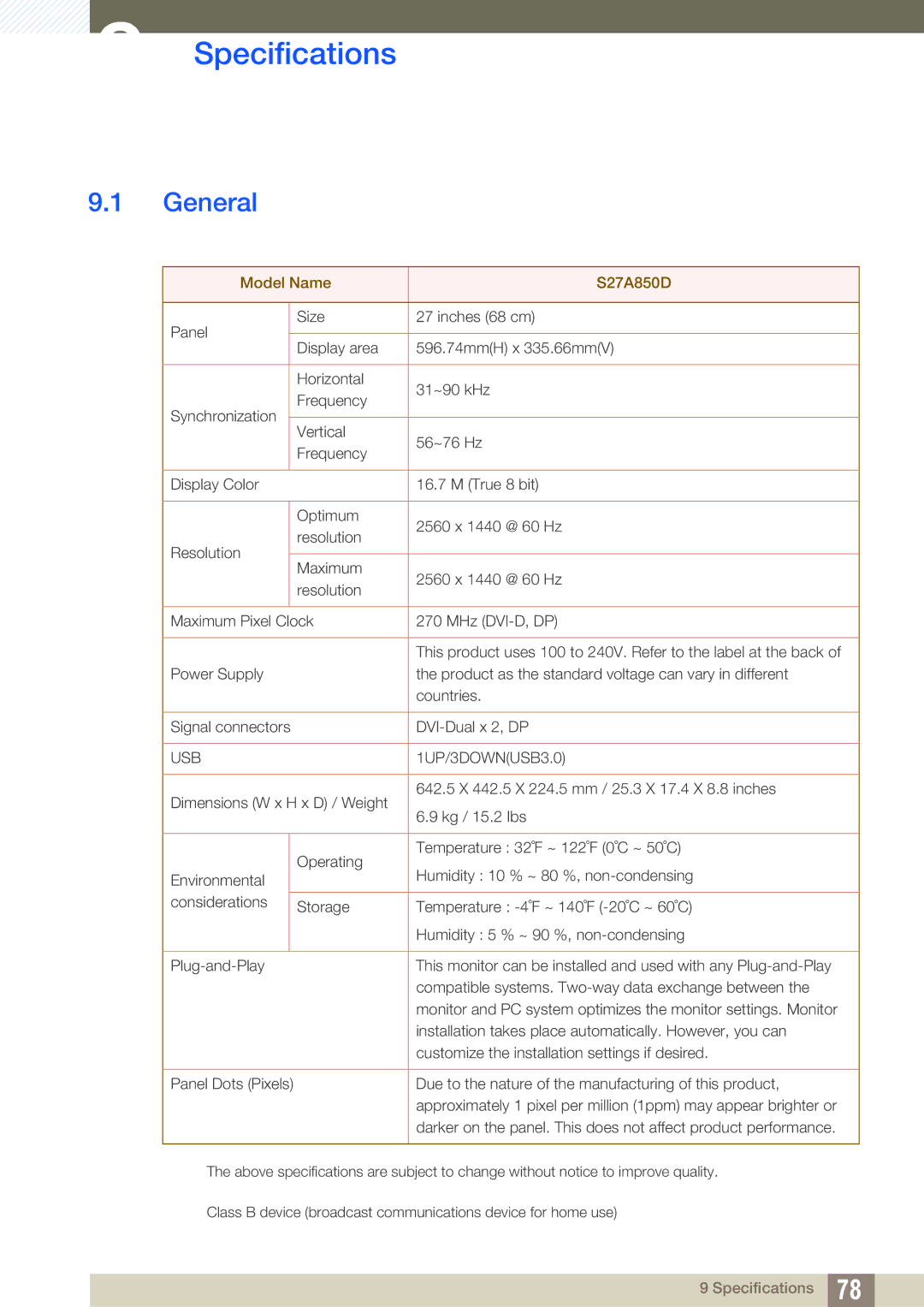 Samsung LS27A850DSR/EN, LS27A850DS/EN, LS27A850DSR/CH manual Specifications, General 