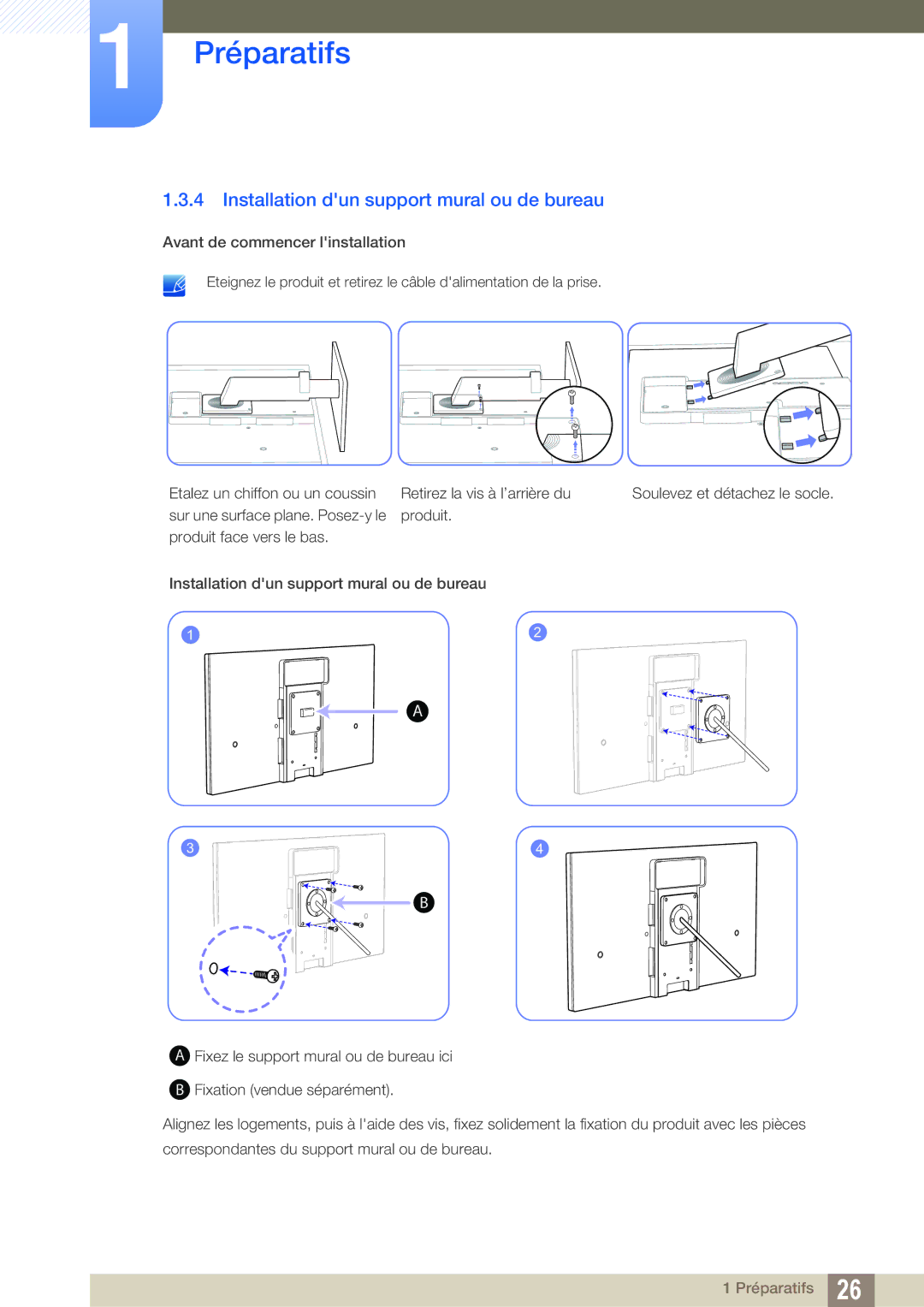 Samsung LS27A850DSR/EN, LS27A850DS/EN manual Installation dun support mural ou de bureau 