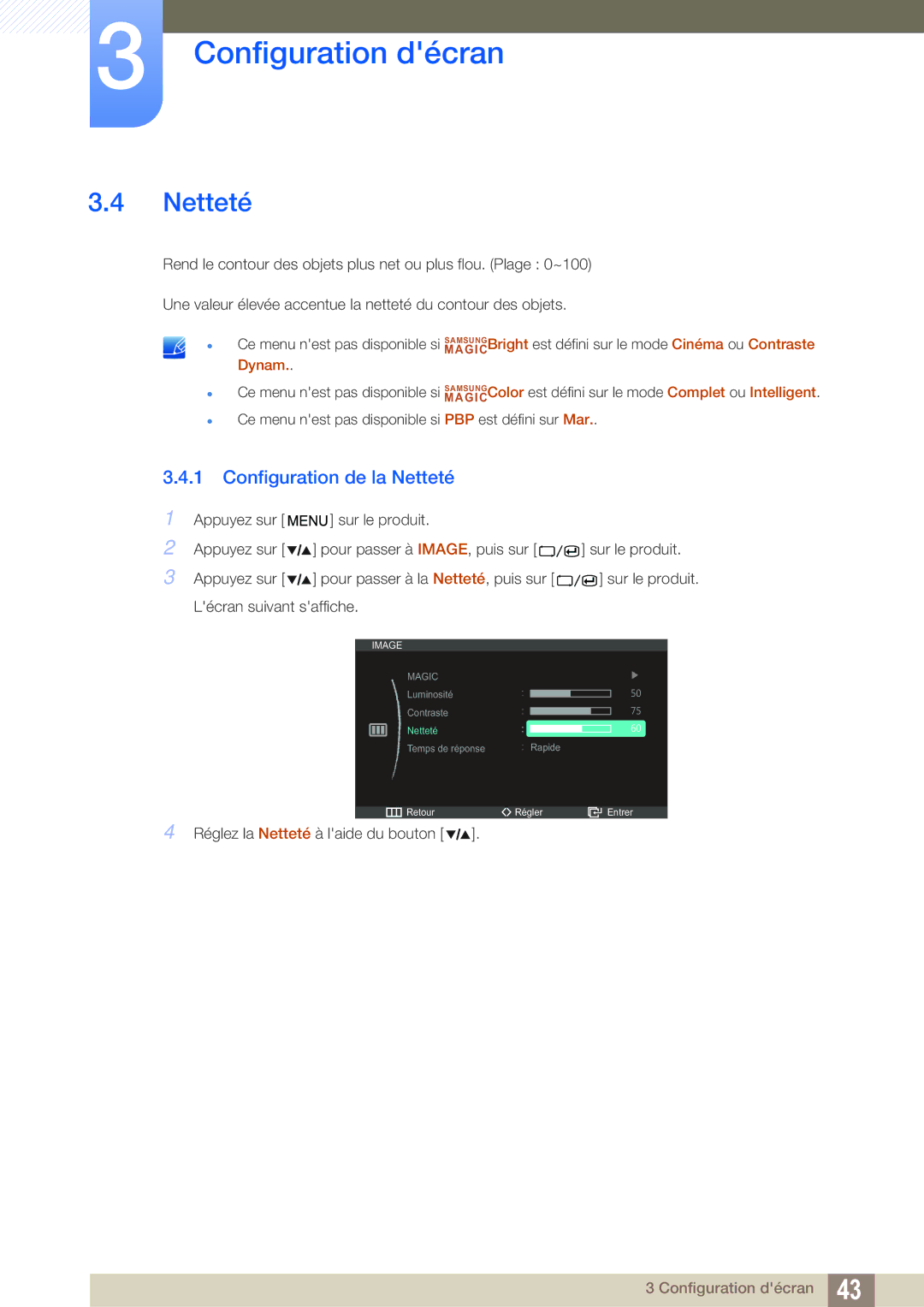 Samsung LS27A850DS/EN, LS27A850DSR/EN manual Configuration de la Netteté 