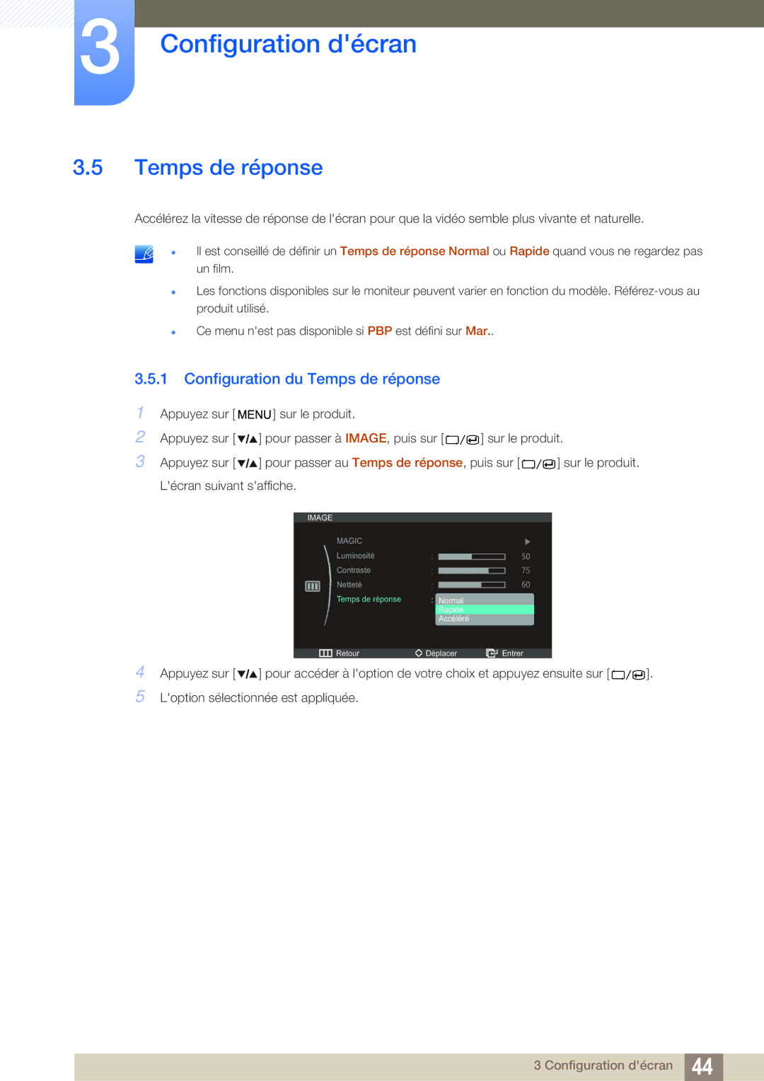 Samsung LS27A850DSR/EN, LS27A850DS/EN manual Configuration du Temps de réponse 