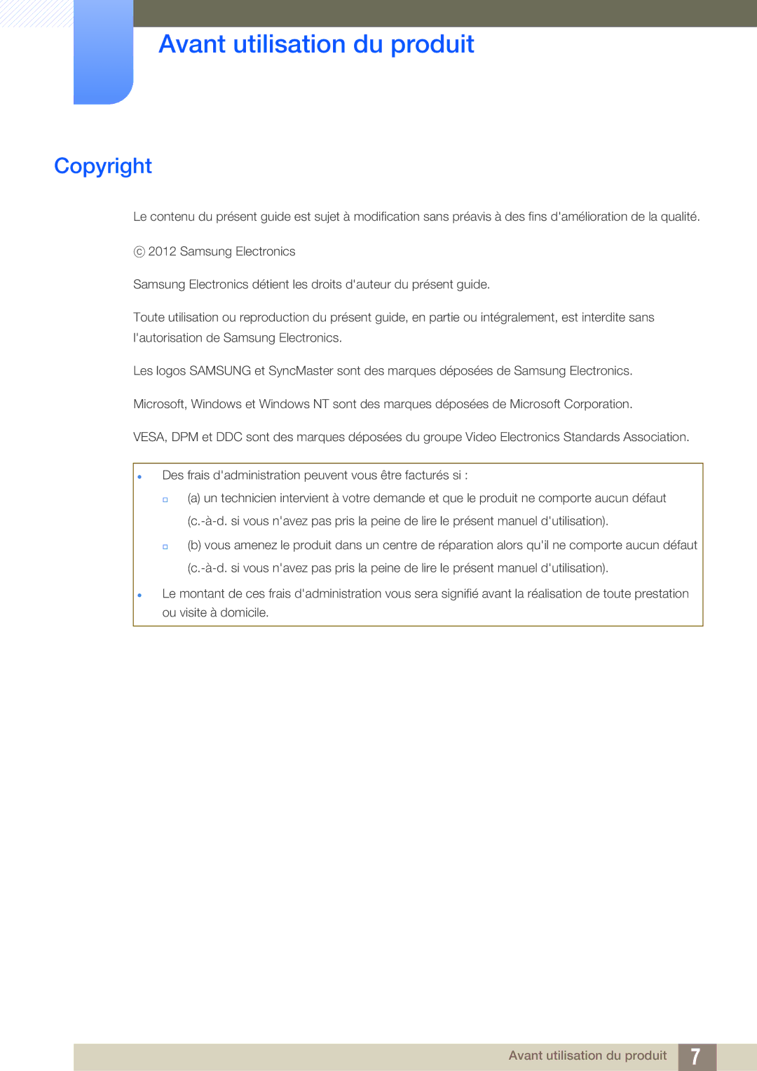 Samsung LS27A850DS/EN, LS27A850DSR/EN manual Avant utilisation du produit, Copyright 
