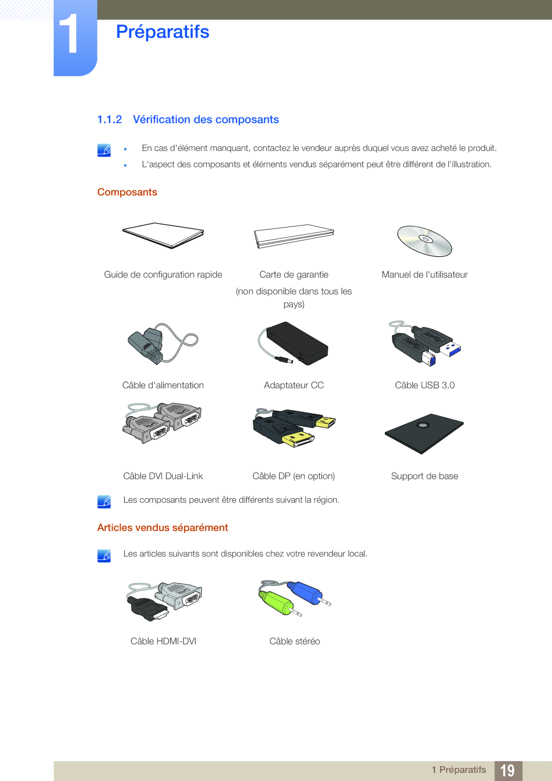 Samsung LS27A850DS/EN, LS27A850DSR/EN manual 2 Vérification des composants, Composants, Articles vendus séparément 