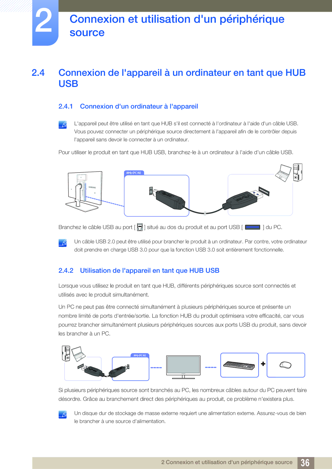 Samsung LS27A850DSR/EN Connexion de lappareil à un ordinateur en tant que HUB USB, Connexion dun ordinateur à lappareil 