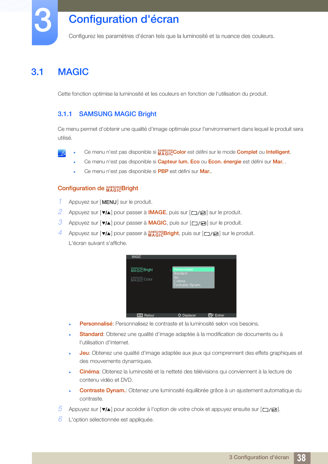 Samsung LS27A850DSR/EN, LS27A850DS/EN manual Configuration décran, Samsung Magic Bright, Configuration de MAGICSAMSUNGBright 