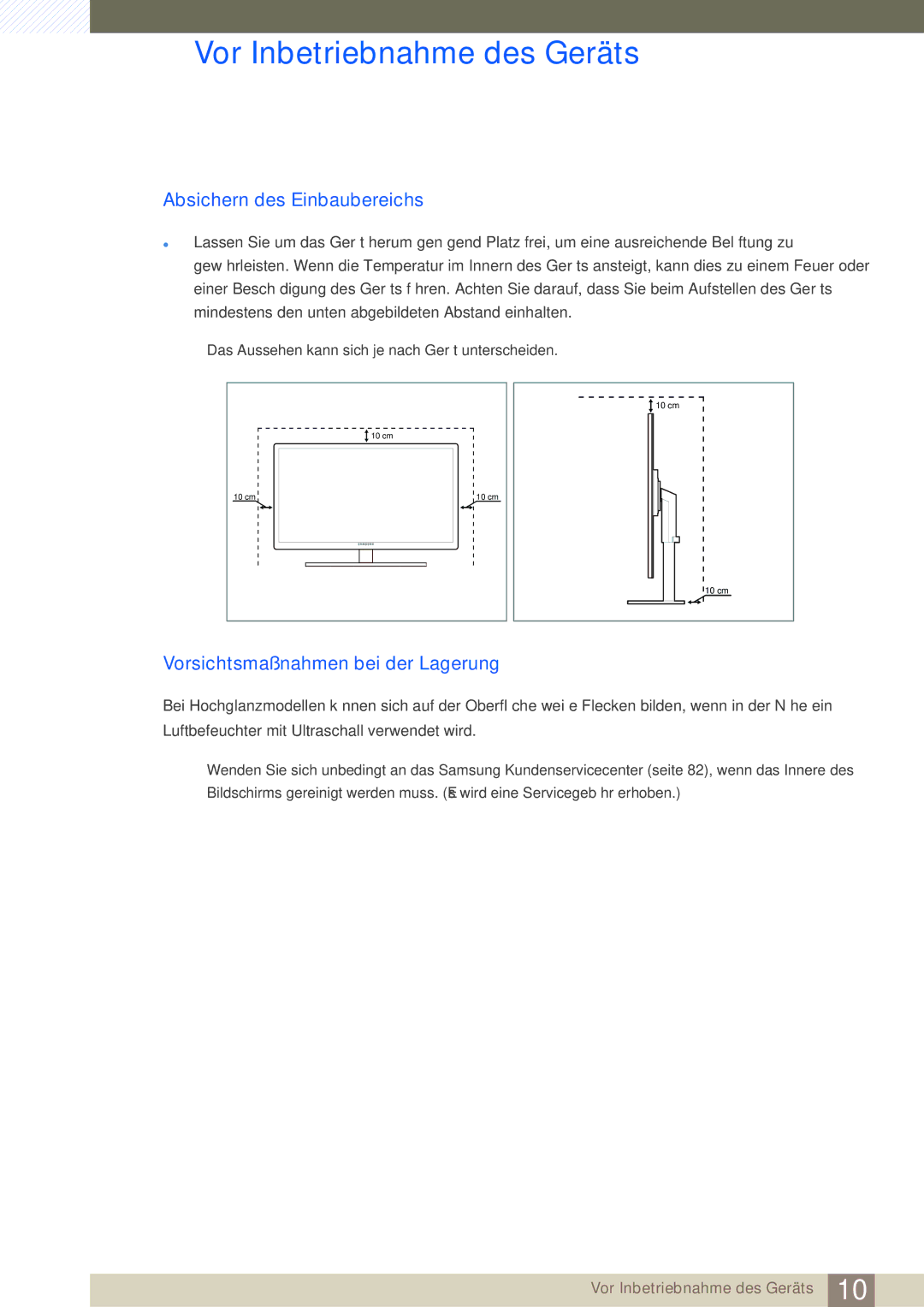 Samsung LS27A850DSR/EN, LS27A850DS/EN manual Absichern des Einbaubereichs, Vorsichtsmaßnahmen bei der Lagerung 