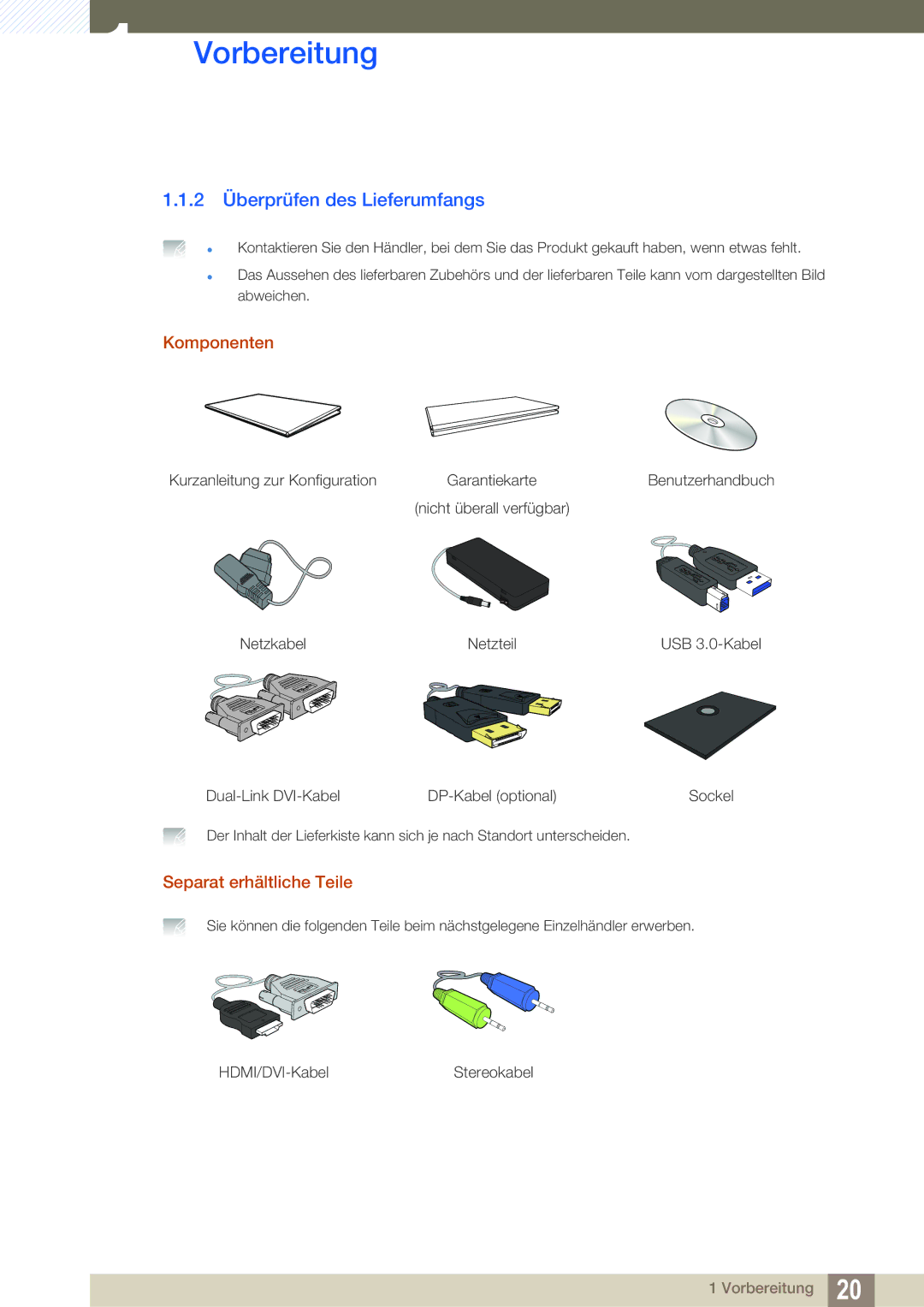 Samsung LS27A850DSR/EN, LS27A850DS/EN manual 2 Überprüfen des Lieferumfangs, Komponenten, Separat erhältliche Teile 