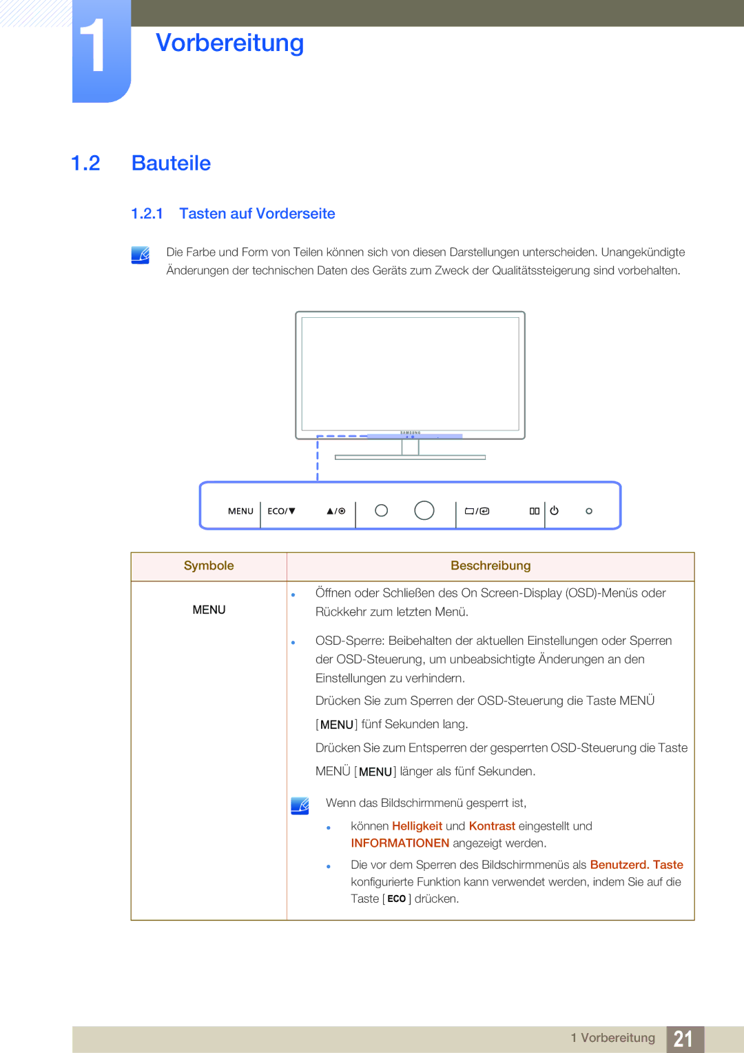 Samsung LS27A850DS/EN, LS27A850DSR/EN manual Bauteile, Tasten auf Vorderseite 