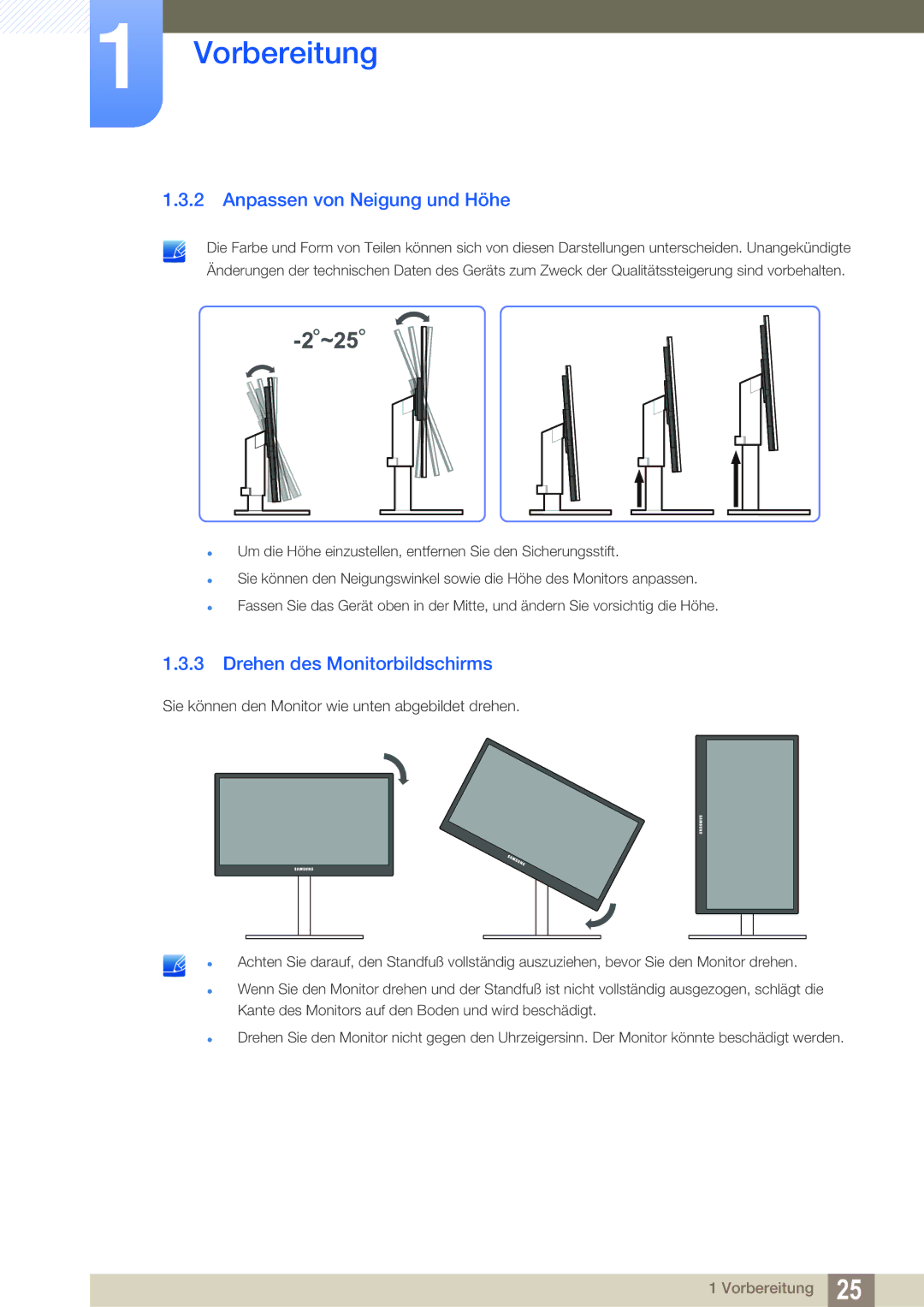 Samsung LS27A850DS/EN, LS27A850DSR/EN manual Anpassen von Neigung und Höhe, Drehen des Monitorbildschirms 