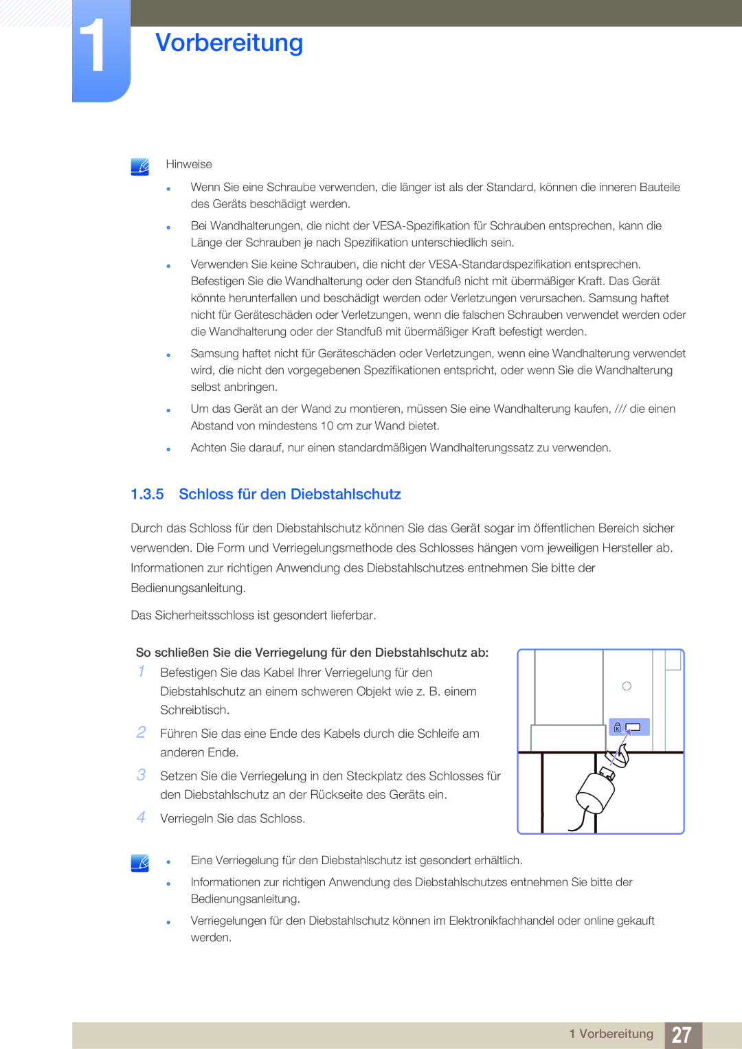 Samsung LS27A850DS/EN, LS27A850DSR/EN manual Schloss für den Diebstahlschutz 