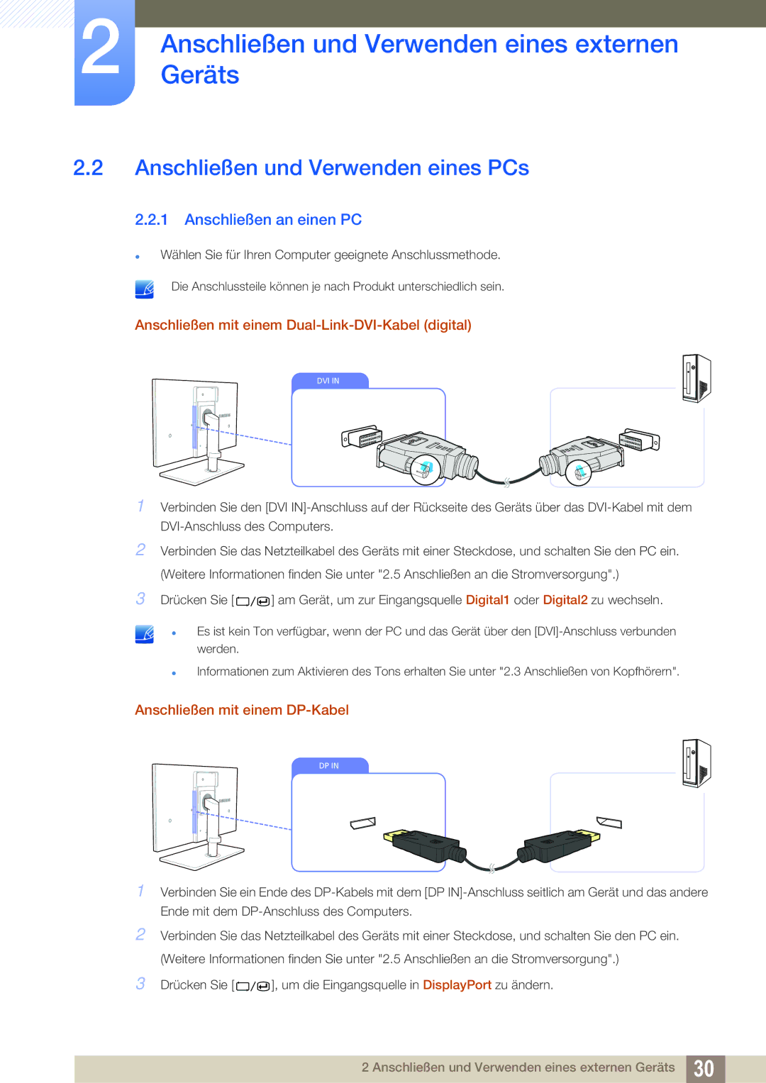 Samsung LS27A850DSR/EN manual Anschließen und Verwenden eines PCs, Anschließen an einen PC, Anschließen mit einem DP-Kabel 