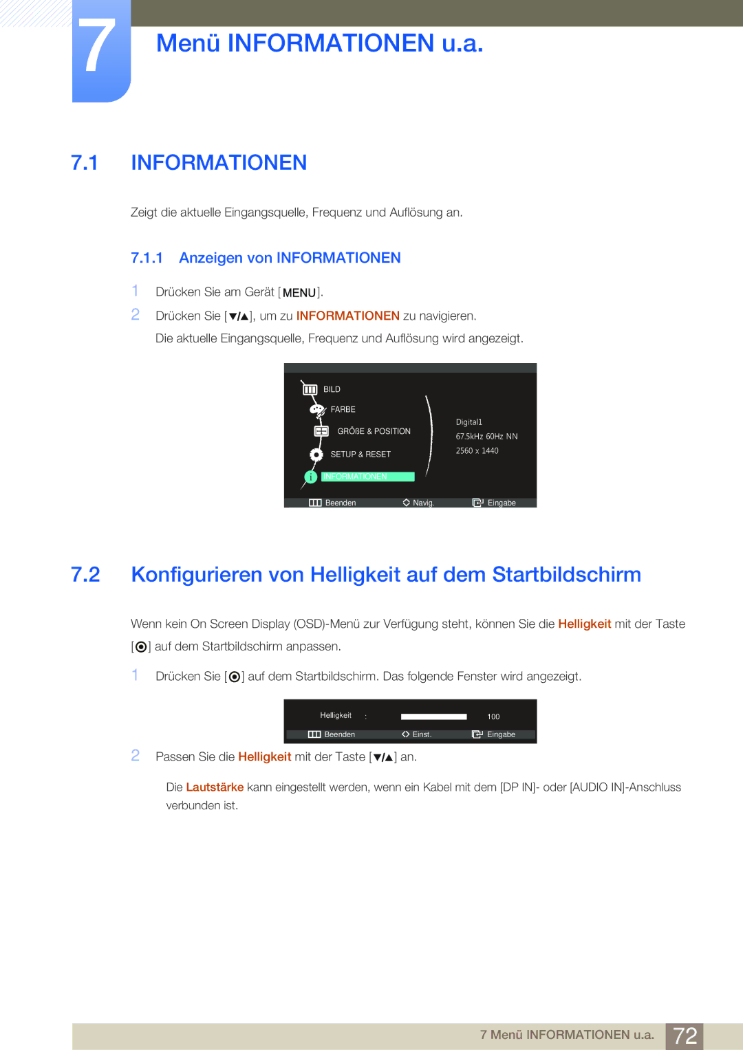 Samsung LS27A850DSR/EN, LS27A850DS/EN manual Menü Informationen u.a, Konfigurieren von Helligkeit auf dem Startbildschirm 