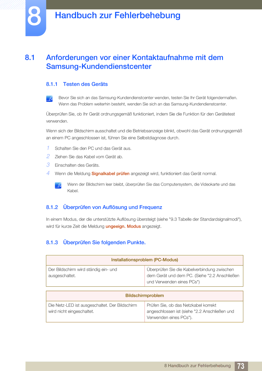 Samsung LS27A850DS/EN manual Handbuch zur Fehlerbehebung, Testen des Geräts, 2 Überprüfen von Auflösung und Frequenz 