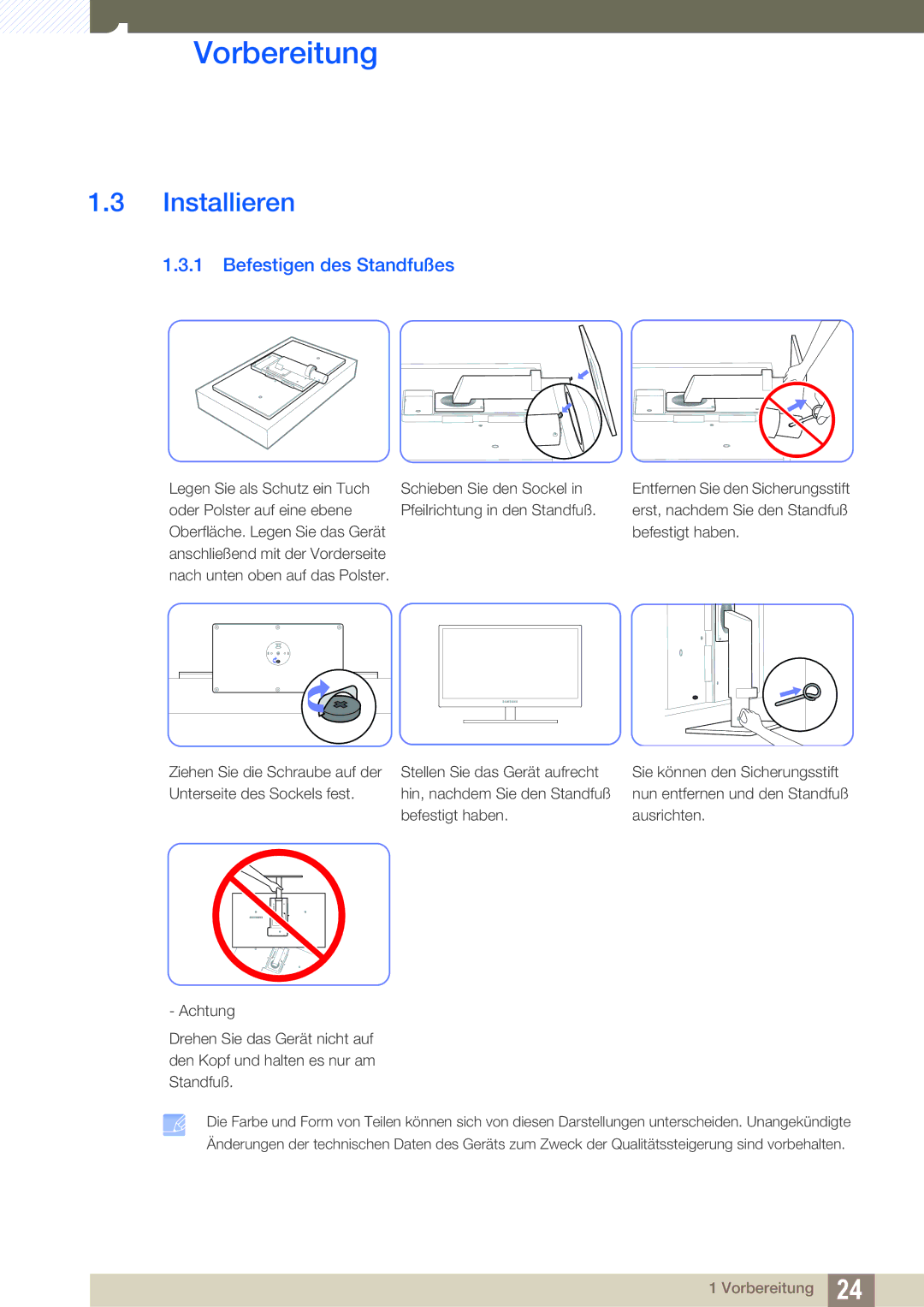 Samsung LS27A850DSR/EN, LS27A850DS/EN manual Installieren, Befestigen des Standfußes 