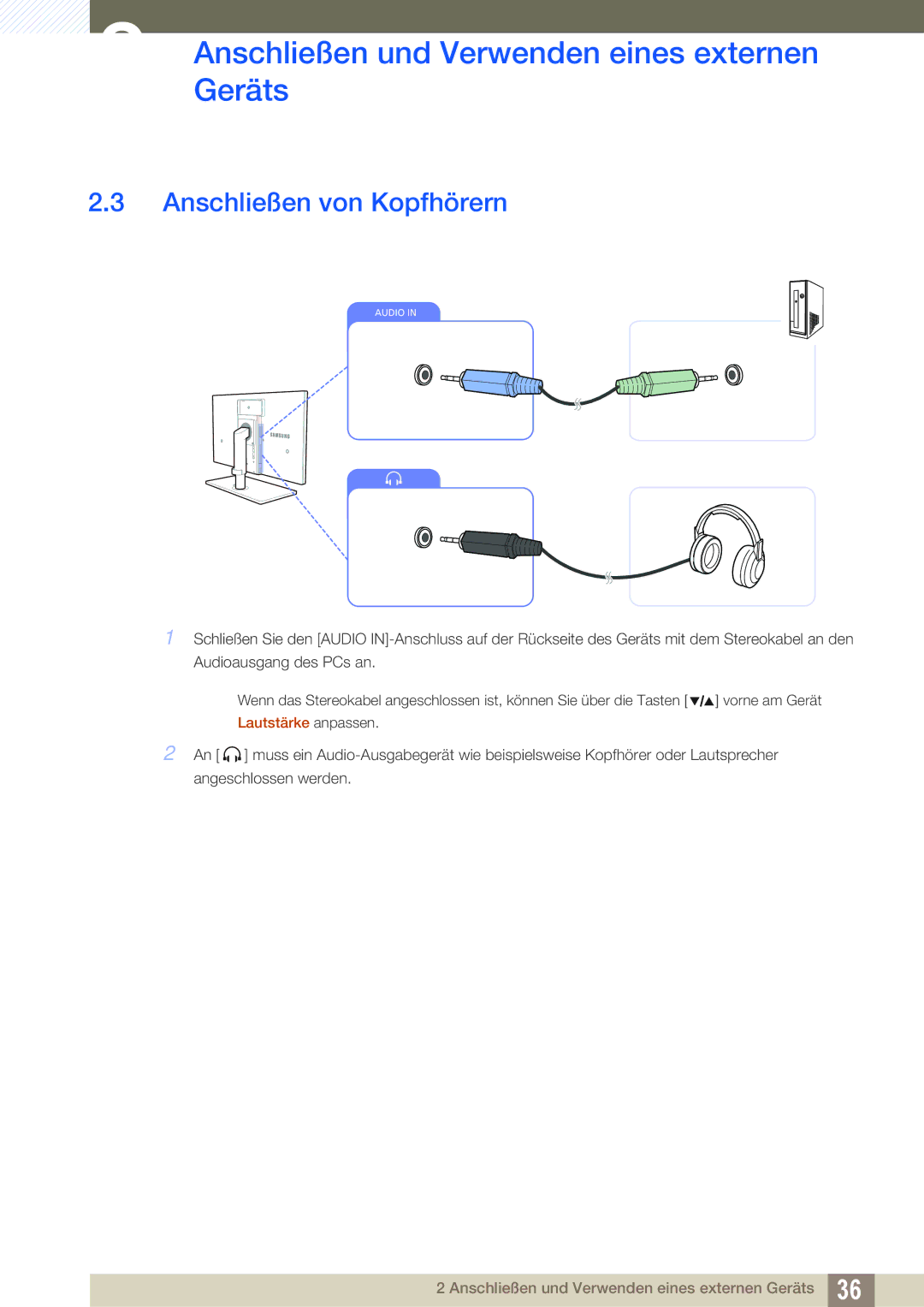 Samsung LS27A850DSR/EN, LS27A850DS/EN manual Anschließen von Kopfhörern, Lautstärke anpassen 