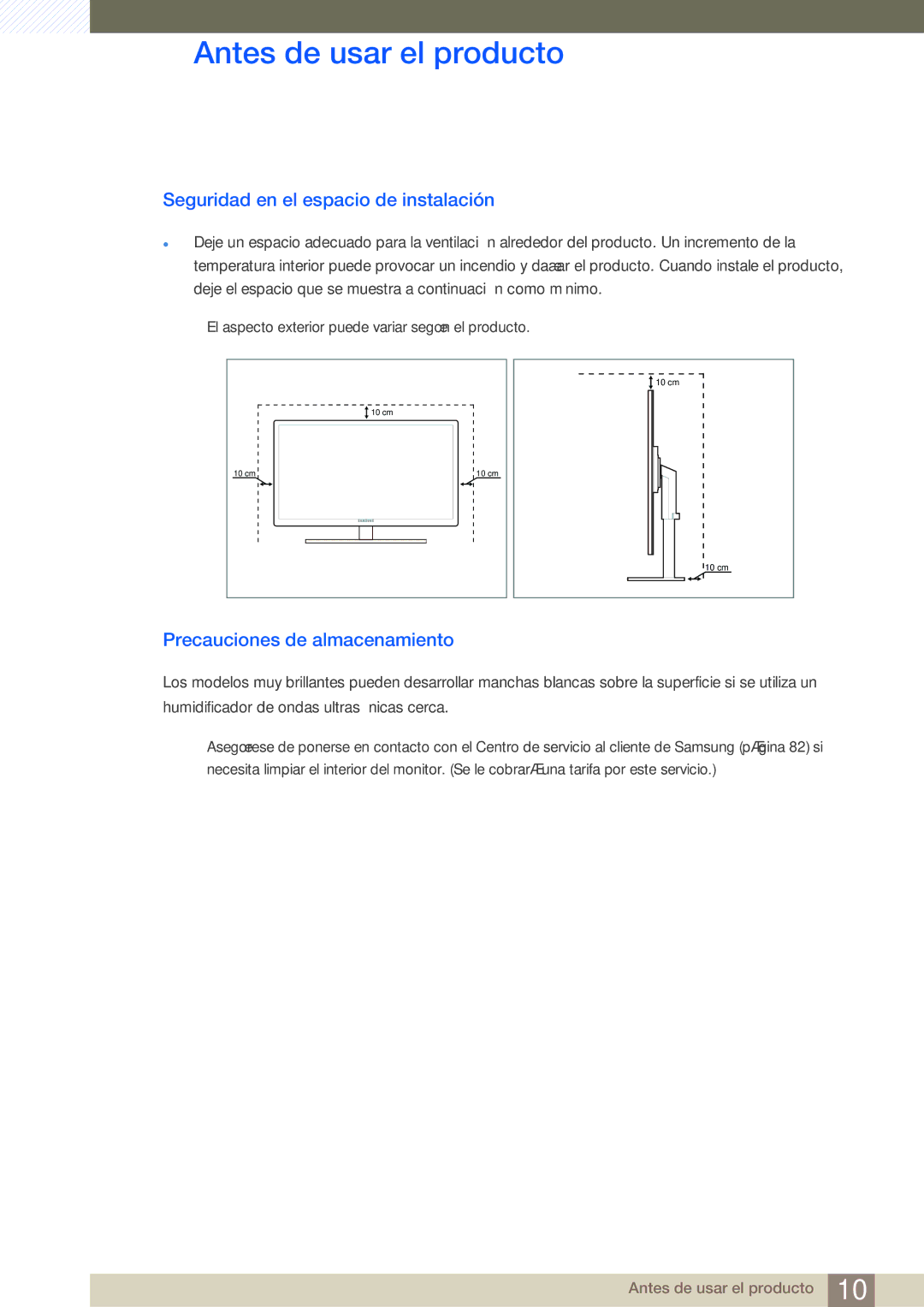 Samsung LS27A850DSR/EN, LS27A850DS/EN manual Seguridad en el espacio de instalación, Precauciones de almacenamiento 