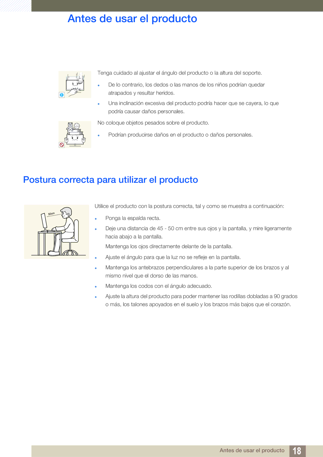 Samsung LS27A850DSR/EN, LS27A850DS/EN manual Postura correcta para utilizar el producto 