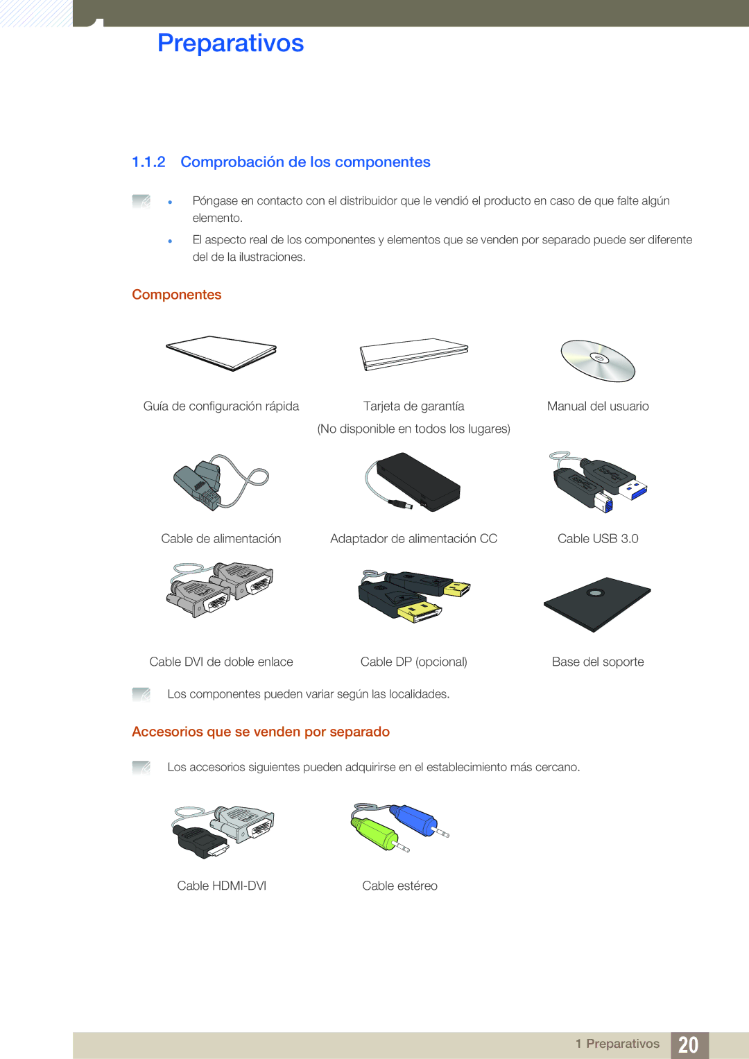 Samsung LS27A850DSR/EN, LS27A850DS/EN Comprobación de los componentes, Componentes, Accesorios que se venden por separado 