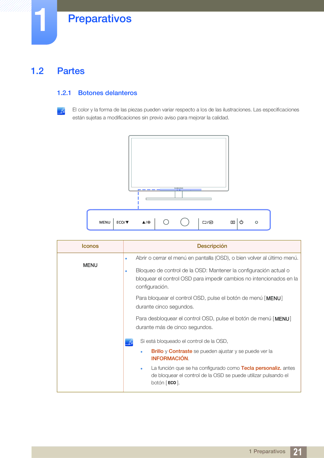 Samsung LS27A850DS/EN, LS27A850DSR/EN manual Partes, Botones delanteros 