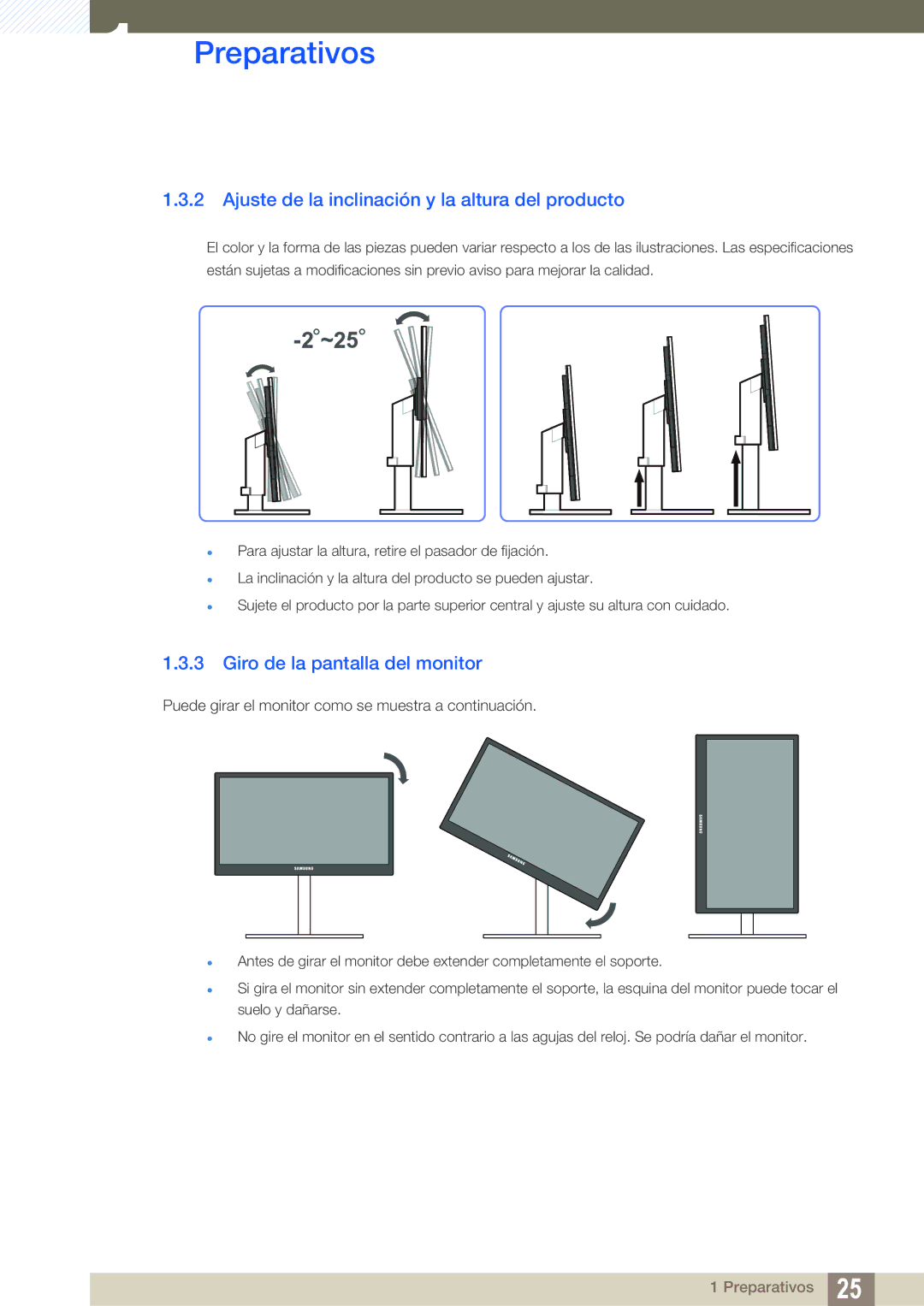 Samsung LS27A850DS/EN, LS27A850DSR/EN Ajuste de la inclinación y la altura del producto, Giro de la pantalla del monitor 