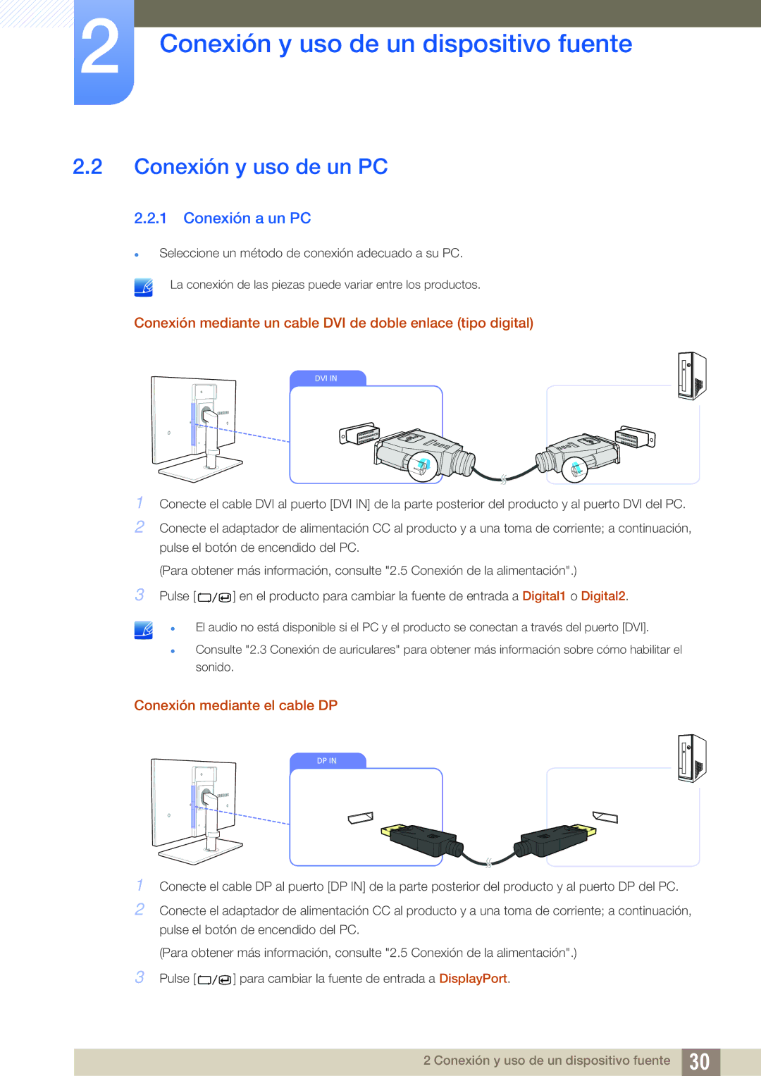 Samsung LS27A850DSR/EN, LS27A850DS/EN manual Conexión y uso de un PC, Conexión a un PC, Conexión mediante el cable DP 