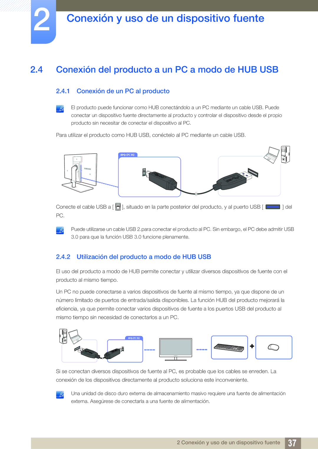 Samsung LS27A850DS/EN, LS27A850DSR/EN manual Conexión del producto a un PC a modo de HUB USB, Conexión de un PC al producto 