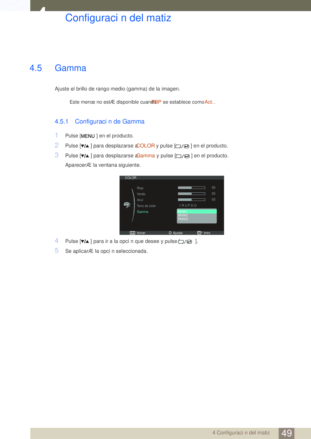 Samsung LS27A850DS/EN, LS27A850DSR/EN manual Configuración de Gamma 