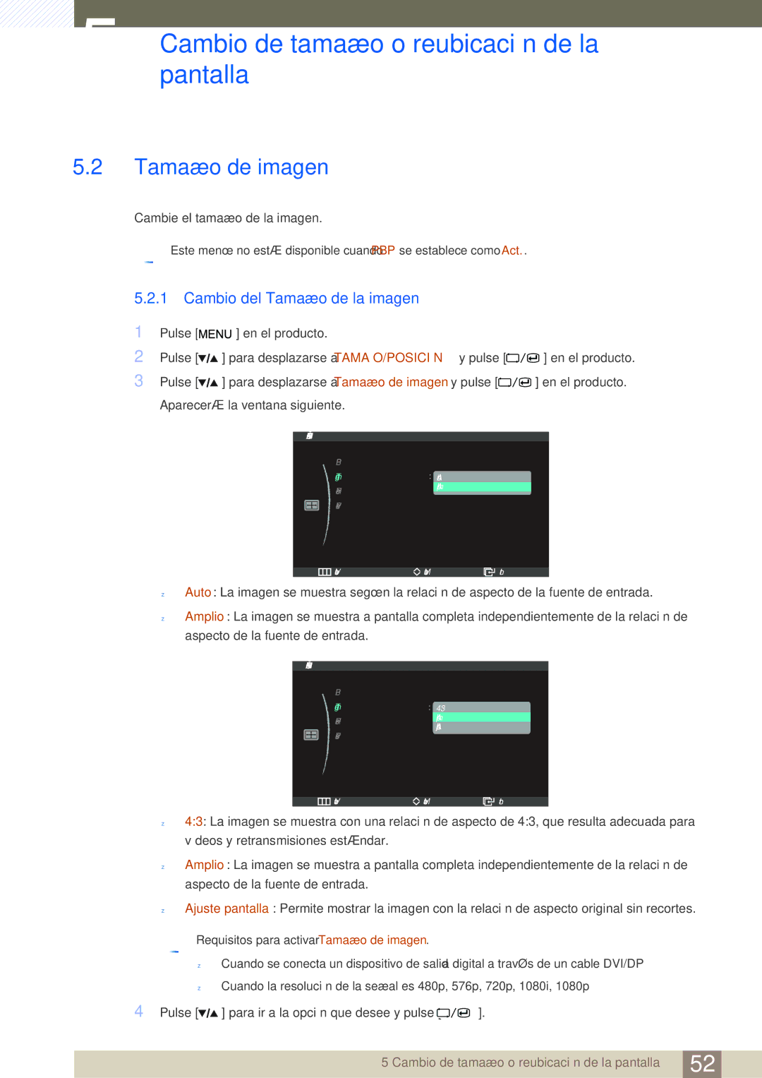 Samsung LS27A850DSR/EN, LS27A850DS/EN manual Tamaño de imagen, Cambio del Tamaño de la imagen 