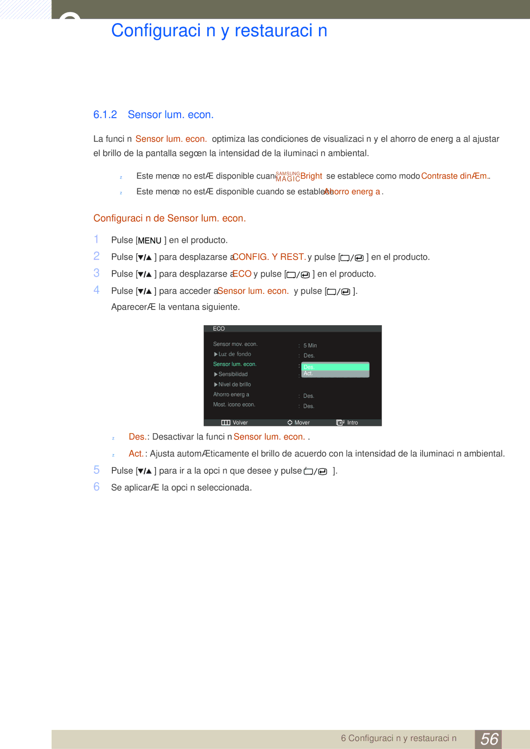 Samsung LS27A850DSR/EN, LS27A850DS/EN manual Configuración de Sensor lum. econ 