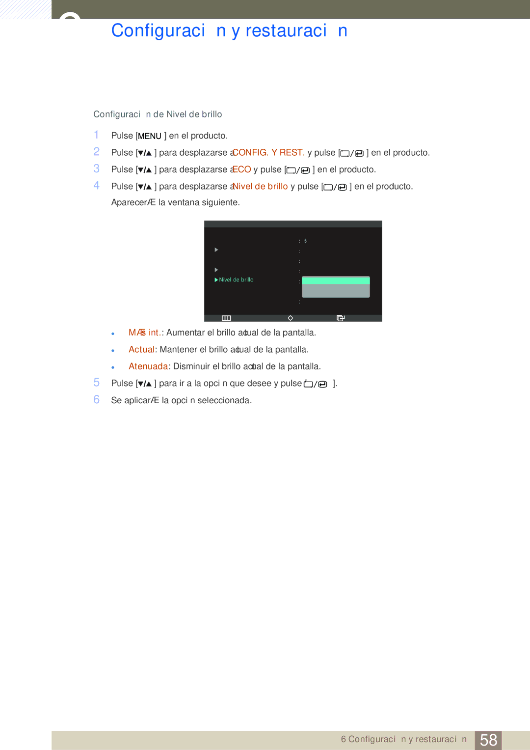 Samsung LS27A850DSR/EN, LS27A850DS/EN manual Configuración de Nivel de brillo 