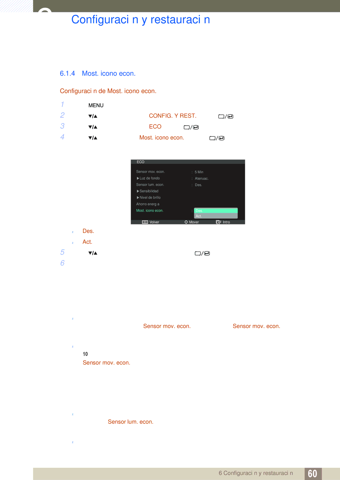 Samsung LS27A850DSR/EN, LS27A850DS/EN manual Configuración de Most. icono econ 