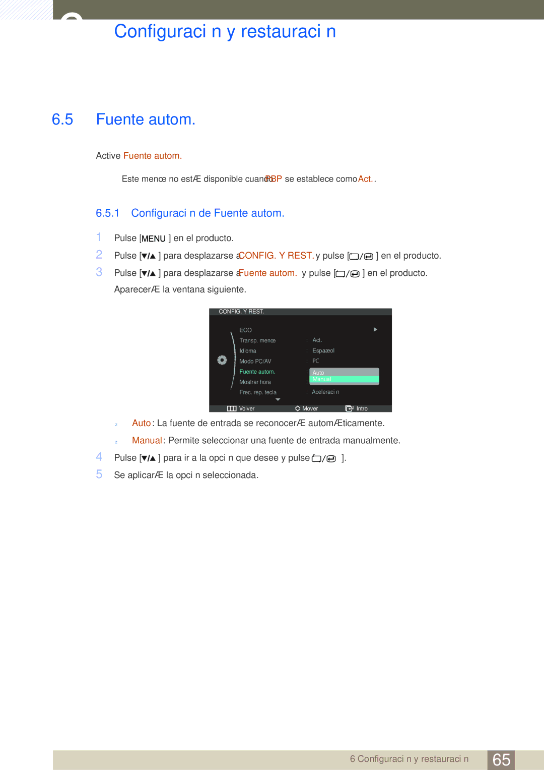 Samsung LS27A850DS/EN, LS27A850DSR/EN manual Configuración de Fuente autom 