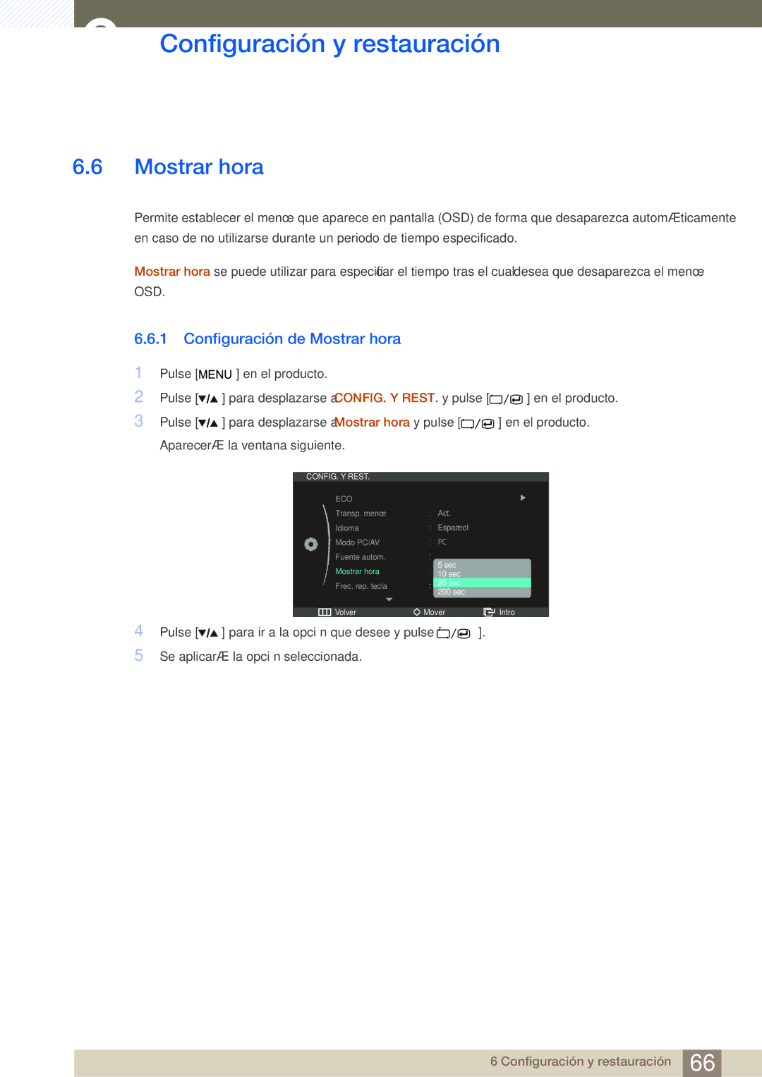 Samsung LS27A850DSR/EN, LS27A850DS/EN manual Configuración de Mostrar hora 