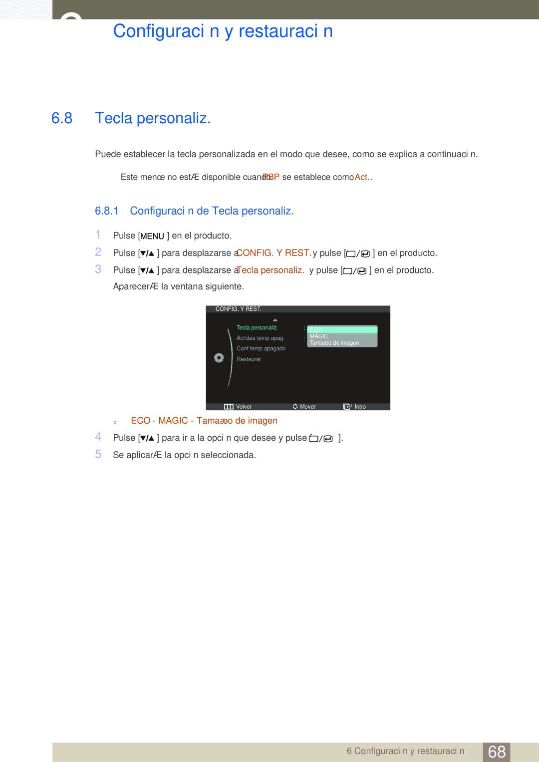 Samsung LS27A850DSR/EN, LS27A850DS/EN manual Configuración de Tecla personaliz 