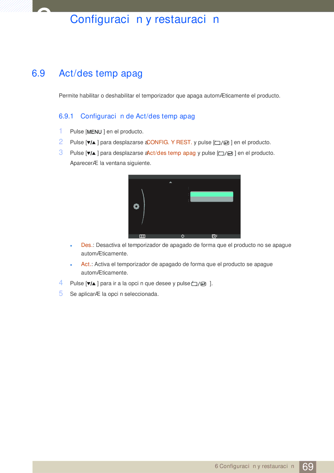 Samsung LS27A850DS/EN, LS27A850DSR/EN manual Configuración de Act/des temp apag 