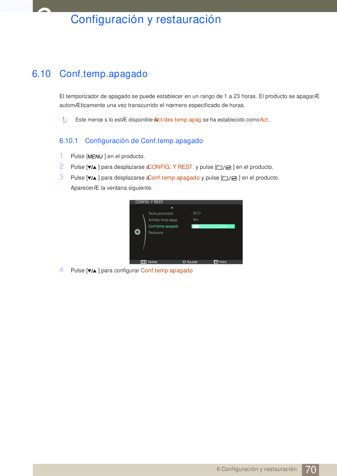 Samsung LS27A850DSR/EN, LS27A850DS/EN manual Configuración de Conf.temp.apagado 