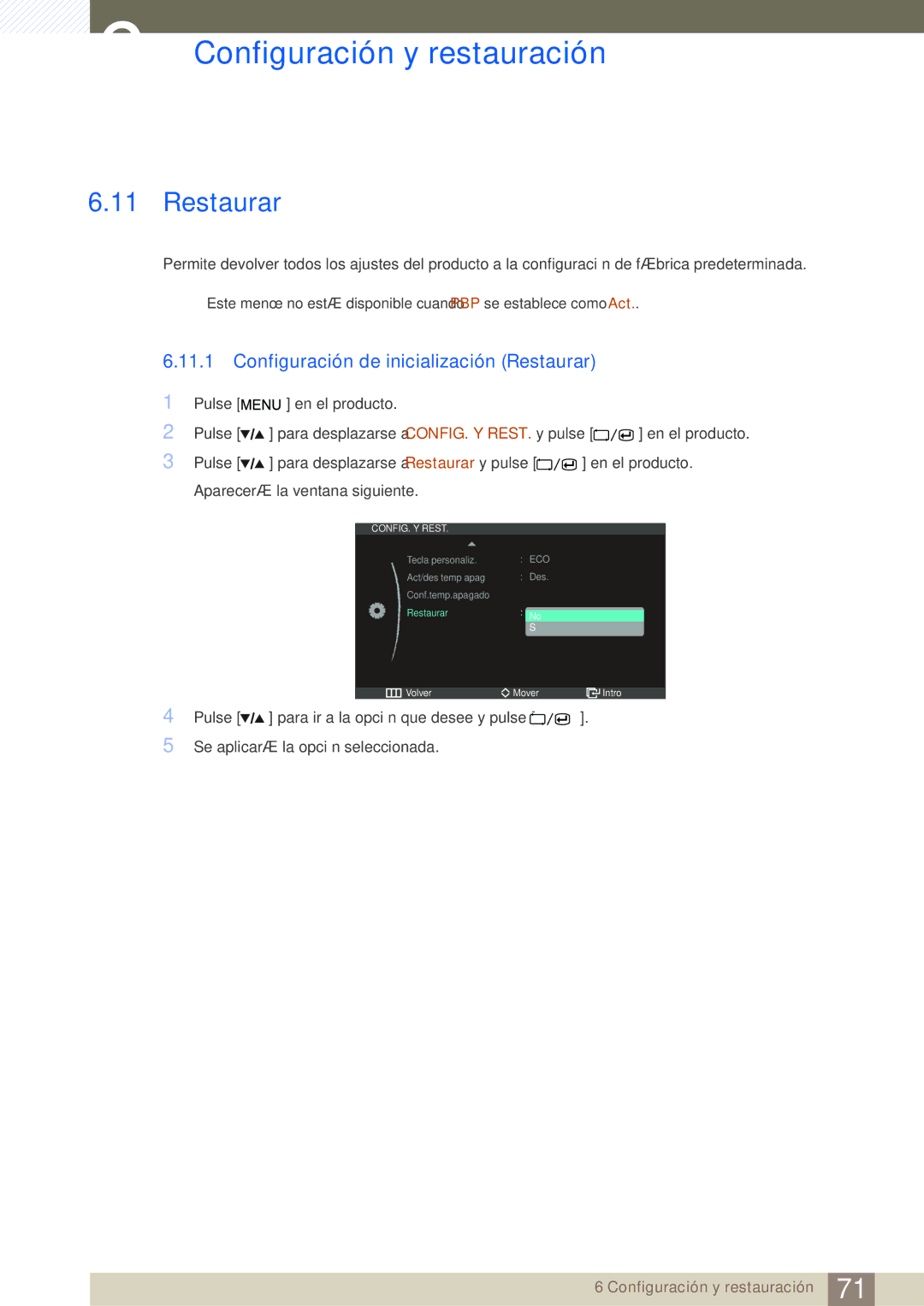 Samsung LS27A850DS/EN, LS27A850DSR/EN manual Configuración de inicialización Restaurar 