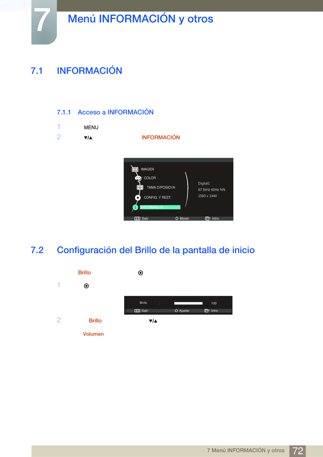 Samsung LS27A850DSR/EN Menú Información y otros, Configuración del Brillo de la pantalla de inicio, Acceso a Información 